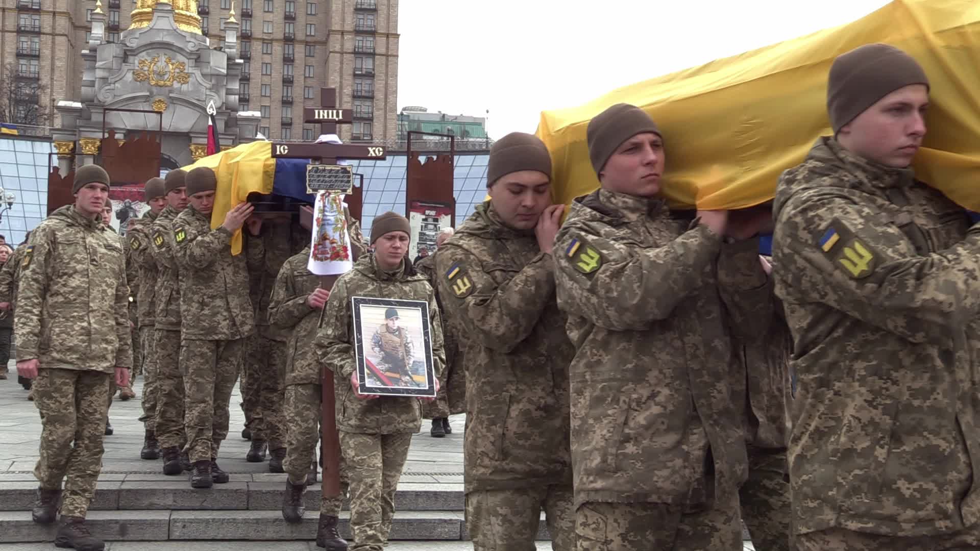 A farewell ceremony for Ukrainian soldiers, father and son who died at a fight with Russian troops near Bakhmut, in Kyiv