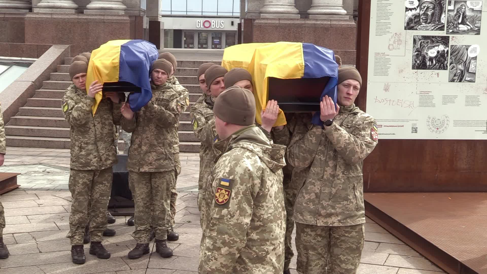 A farewell ceremony for Ukrainian soldiers, father and son who died at a fight with Russian troops near Bakhmut, in Kyiv