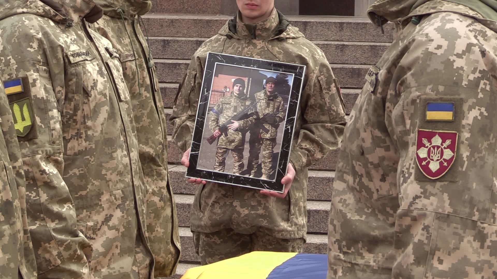 A farewell ceremony for Ukrainian soldiers, father and son who died at a fight with Russian troops near Bakhmut, in Kyiv
