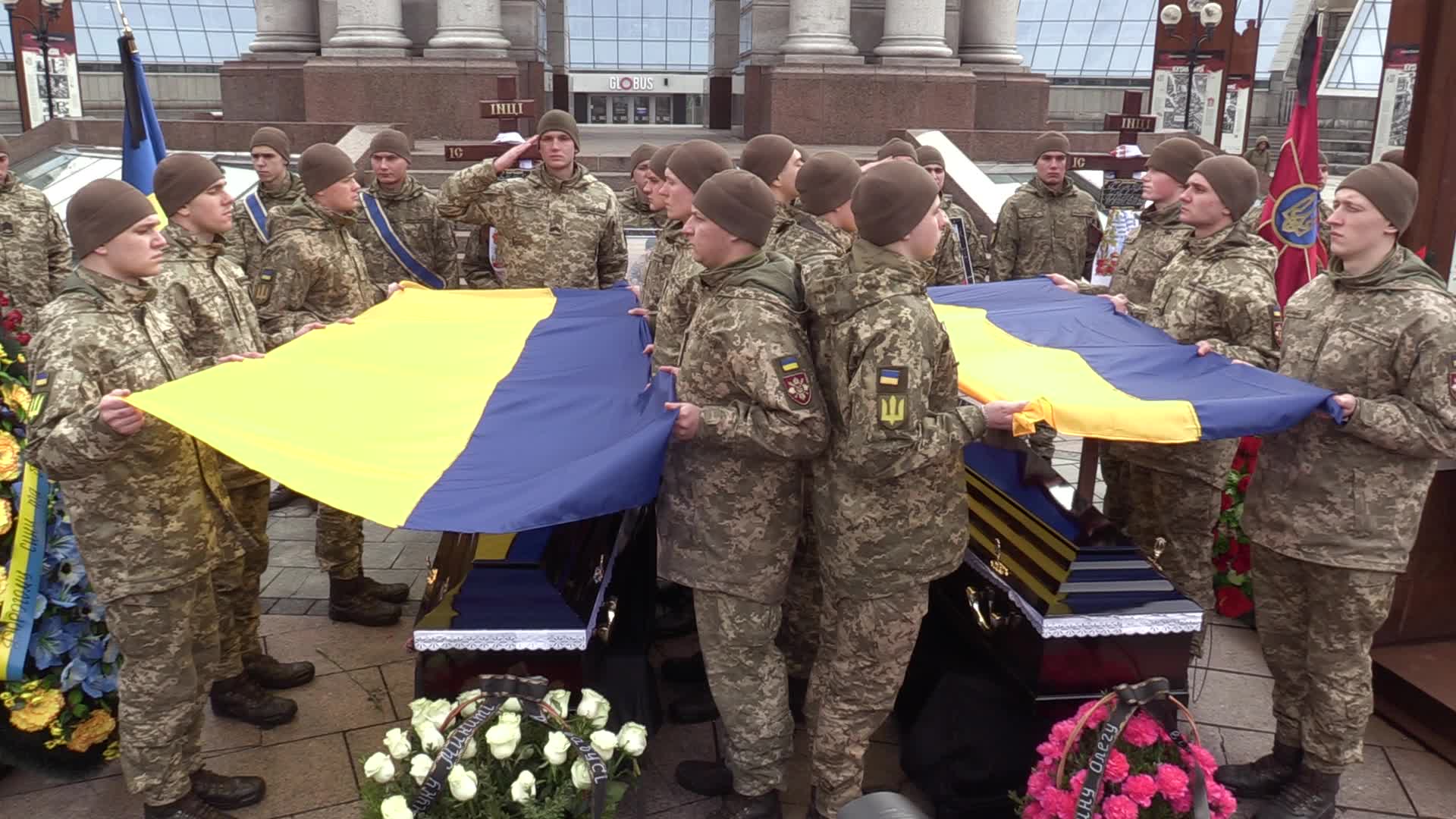 A farewell ceremony for Ukrainian soldiers, father and son who died at a fight with Russian troops near Bakhmut, in Kyiv