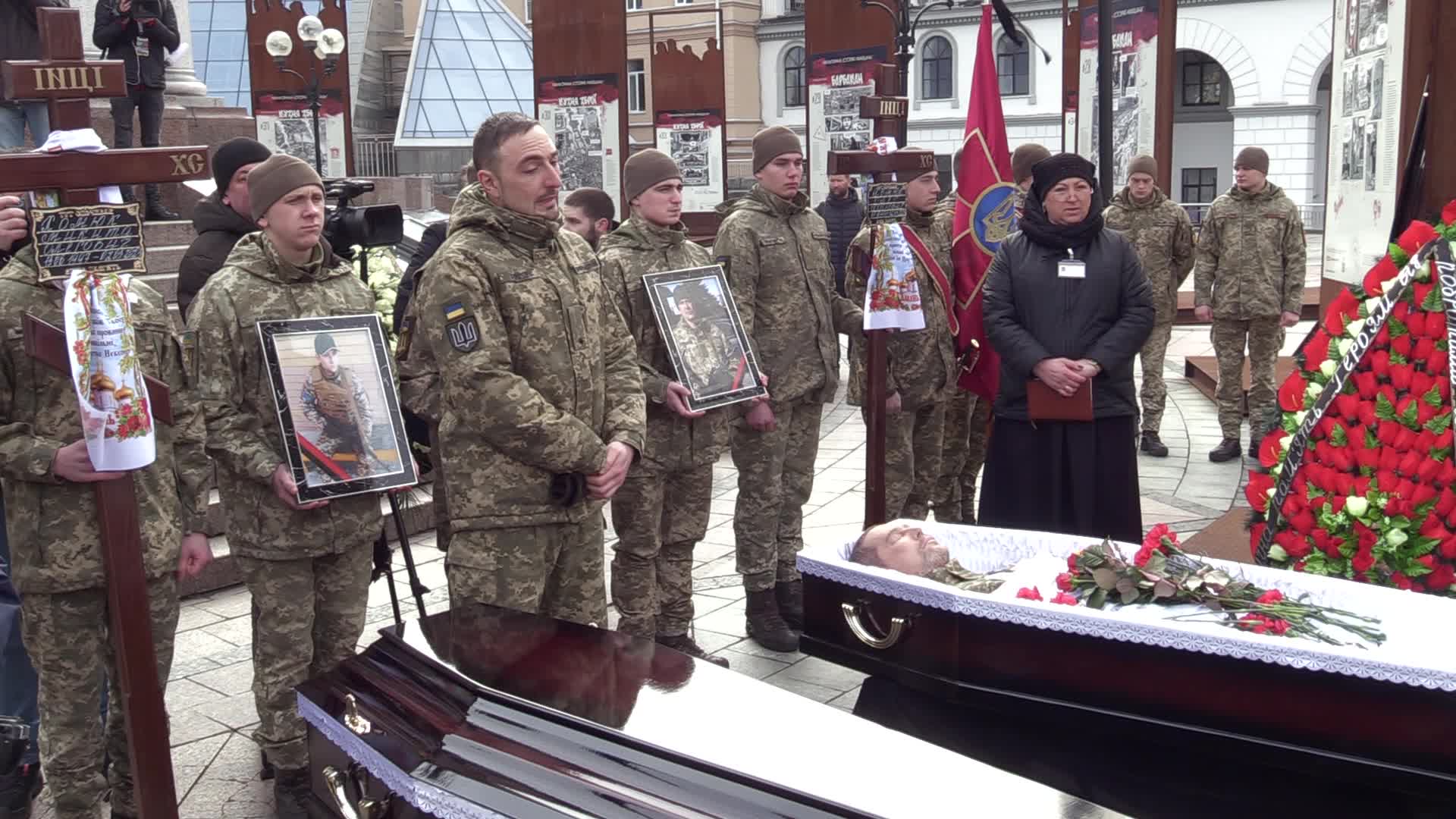 A farewell ceremony for Ukrainian soldiers, father and son who died at a fight with Russian troops near Bakhmut, in Kyiv