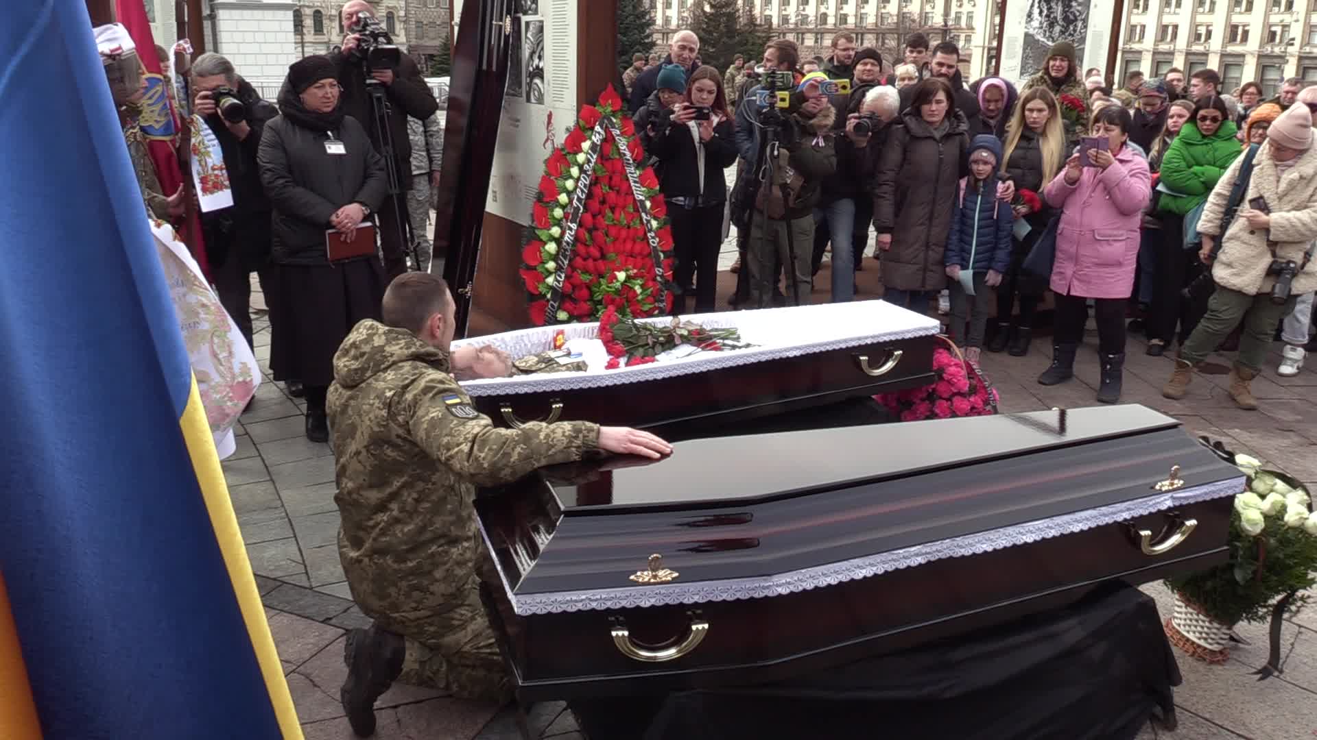 A farewell ceremony for Ukrainian soldiers, father and son who died at a fight with Russian troops near Bakhmut, in Kyiv