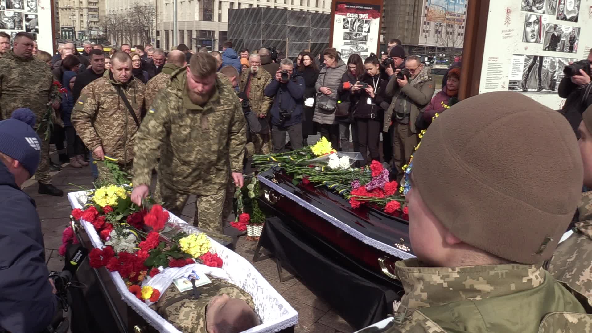 A farewell ceremony for Ukrainian soldiers, father and son who died at a fight with Russian troops near Bakhmut, in Kyiv