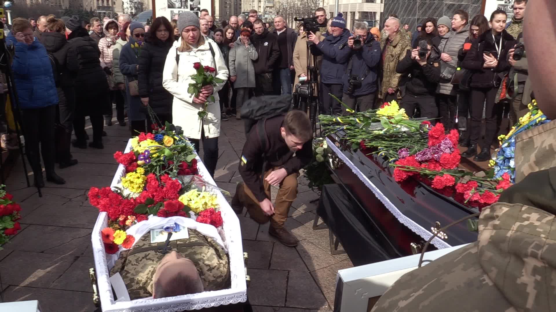 A farewell ceremony for Ukrainian soldiers, father and son who died at a fight with Russian troops near Bakhmut, in Kyiv