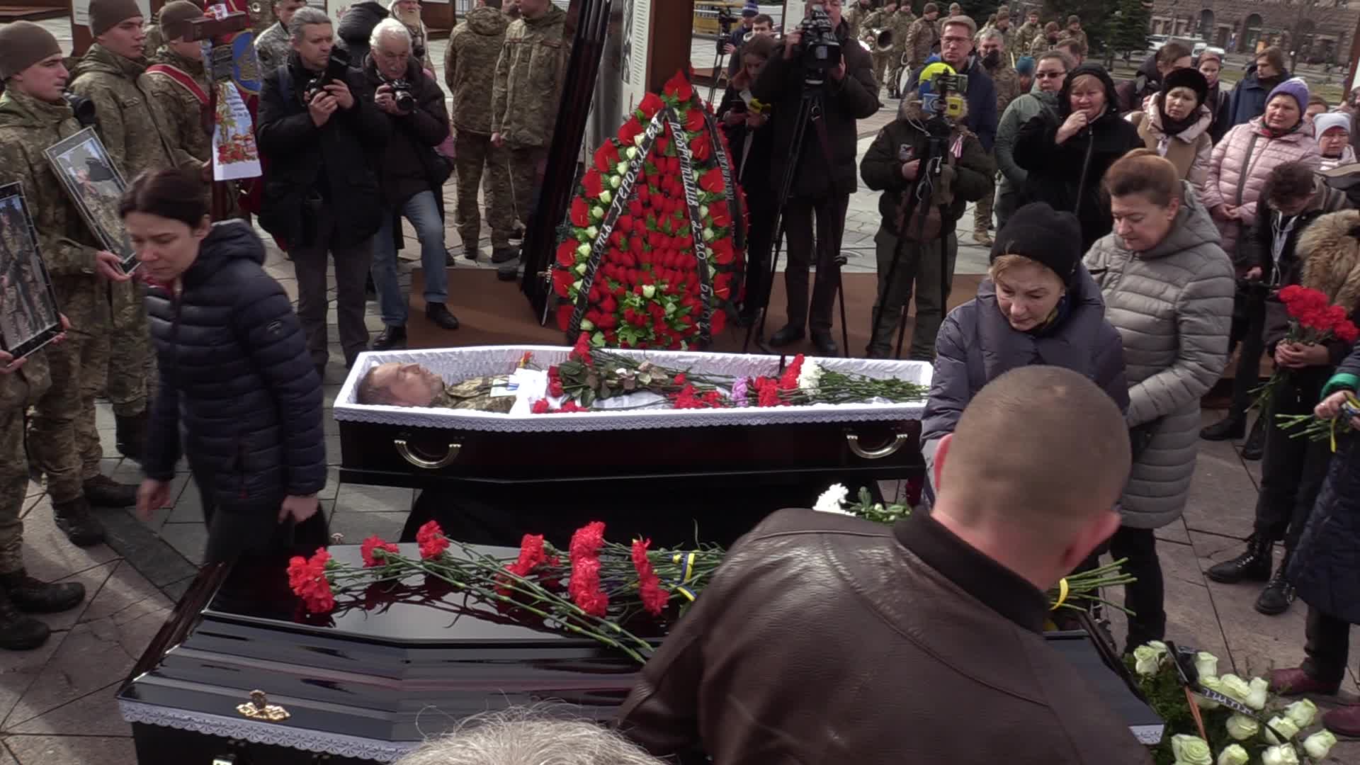 A farewell ceremony for Ukrainian soldiers, father and son who died at a fight with Russian troops near Bakhmut, in Kyiv