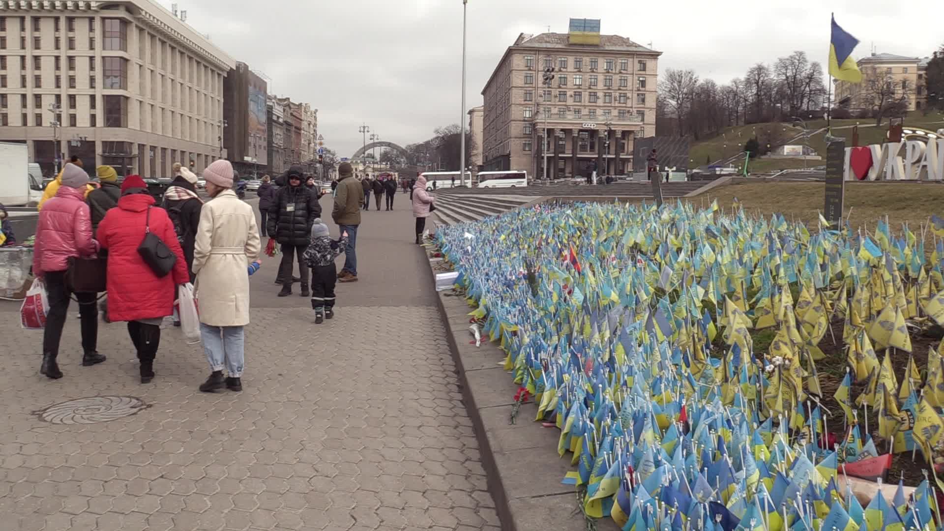 National flags in memory of fallen Ukrainian soldiers killed in battles against Russian troops placed in Kyiv, amid Russia's invasion of Ukraine