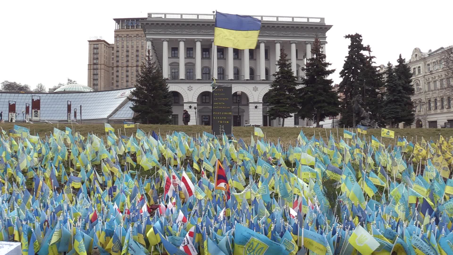 National flags in memory of fallen Ukrainian soldiers killed in battles against Russian troops placed in Kyiv, amid Russia's invasion of Ukraine