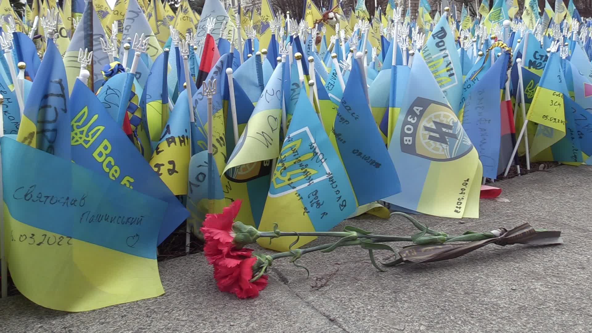National flags in memory of fallen Ukrainian soldiers killed in battles against Russian troops placed in Kyiv, amid Russia's invasion of Ukraine
