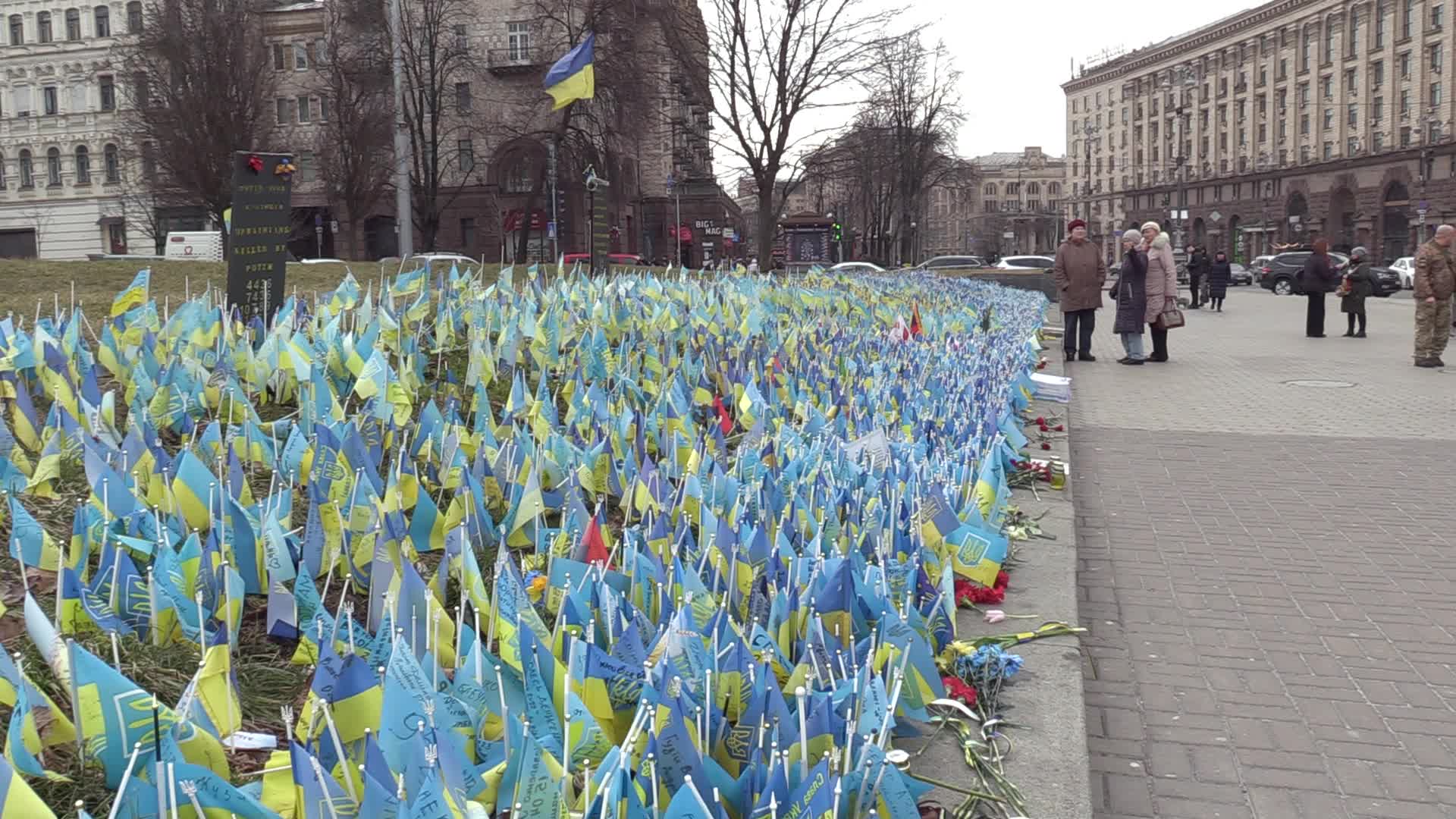 National flags in memory of fallen Ukrainian soldiers killed in battles against Russian troops placed in Kyiv, amid Russia's invasion of Ukraine
