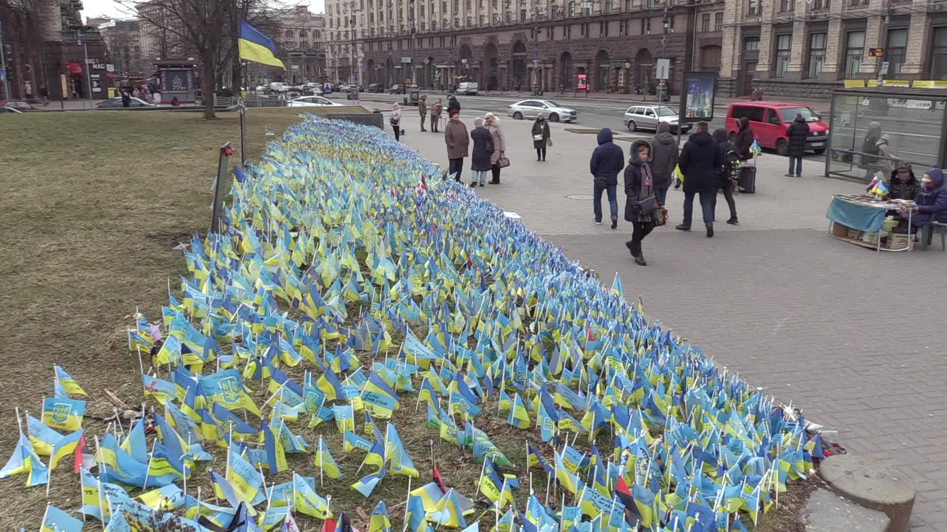 National flags in memory of fallen Ukrainian soldiers killed in battles against Russian troops placed in Kyiv, amid Russia's invasion of Ukraine