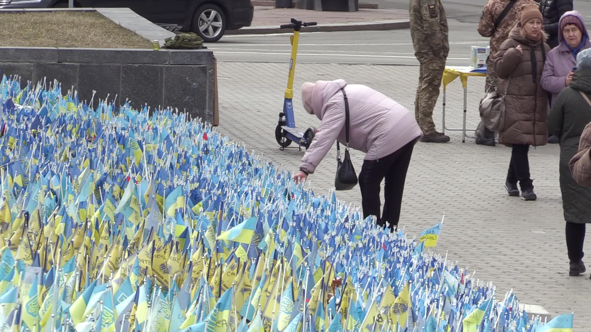 National flags in memory of fallen Ukrainian soldiers killed in battles against Russian troops placed in Kyiv, amid Russia's invasion of Ukraine