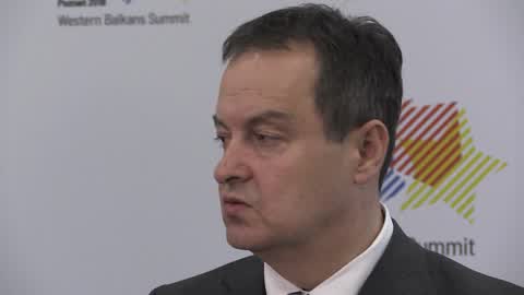 Ivica Dacic speaks with journalists at Western Balkans Summit