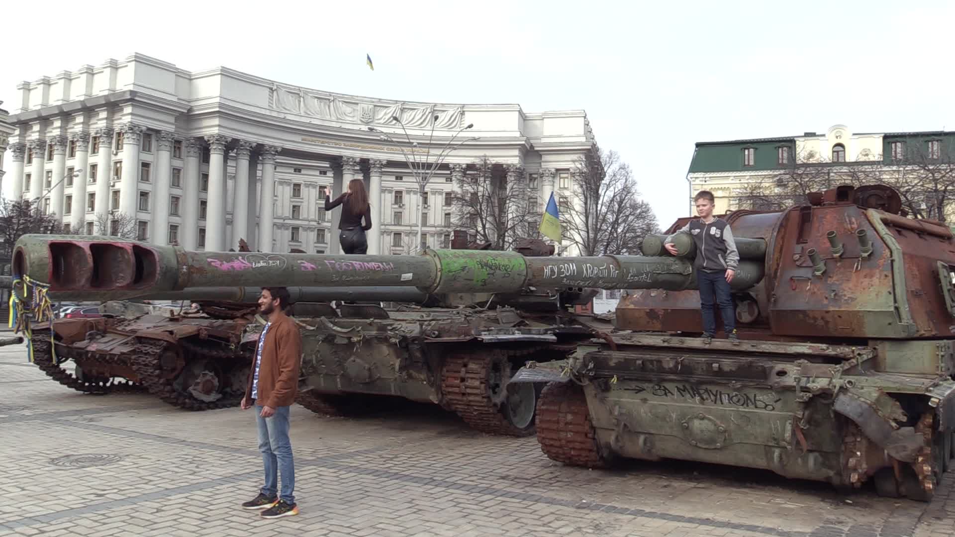 A street exhibition of destroyed Russian military vehicles in center of Kyiv, amid Russian invasion of Ukraine.