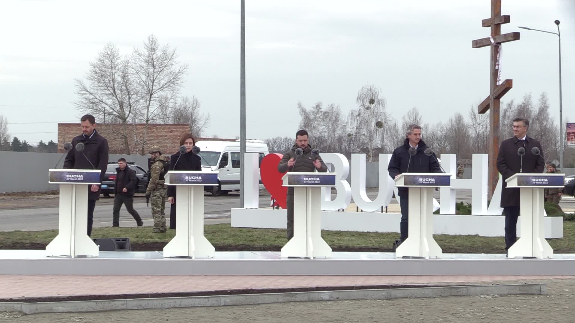 Prime Ministers of Slovakia, Slovenia, Croatia and President of Moldova visit Ukraine at the first anniversary of the liberation from Russian troops in Bucha, amid Russia's invasion of Ukraine