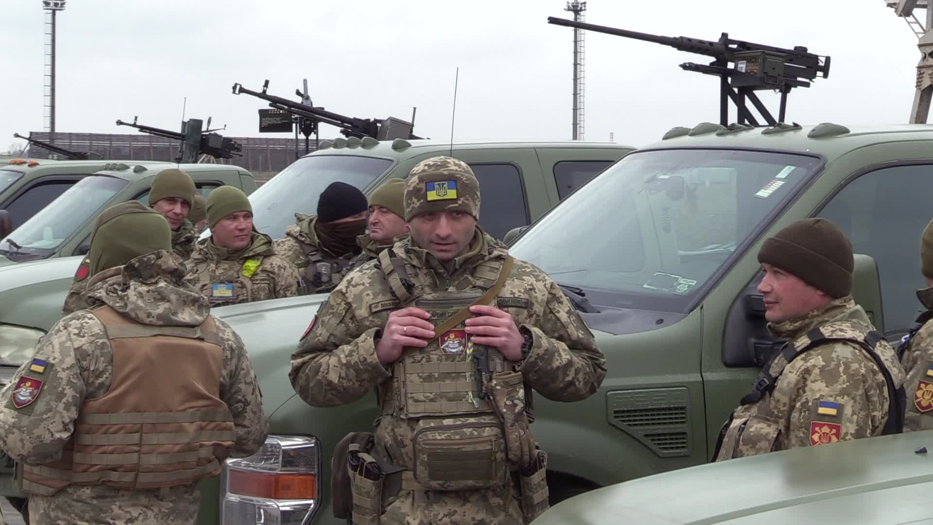 A handover ceremony of vehicles with machine guns for mobile anti-aircraft groups in Ukraine, amid Russia's invasion of Ukraine