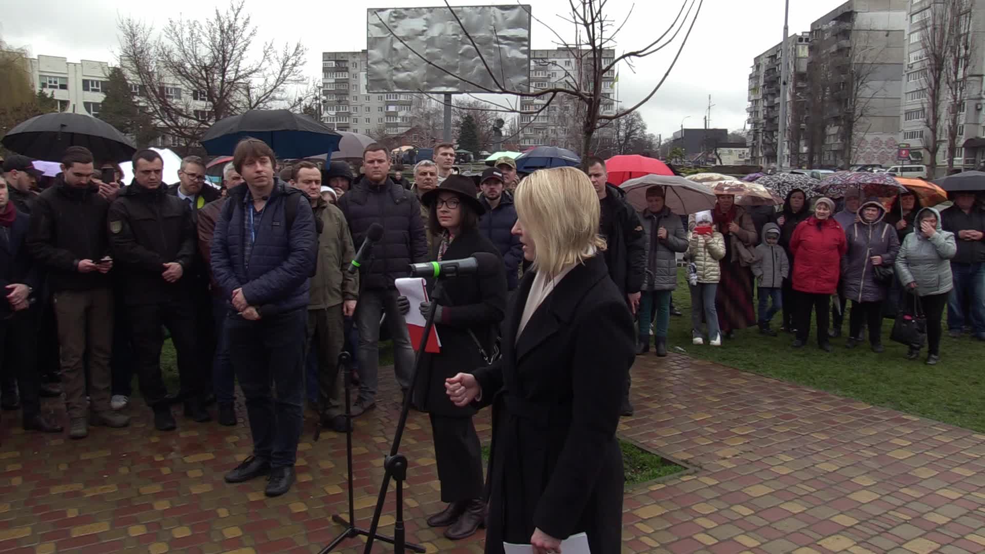 U.S. ambassador to Ukraine Bridget Brink takes part at opening of a sculpture in Borodyanka on the anniversary of the de-occupation of Kyiv region