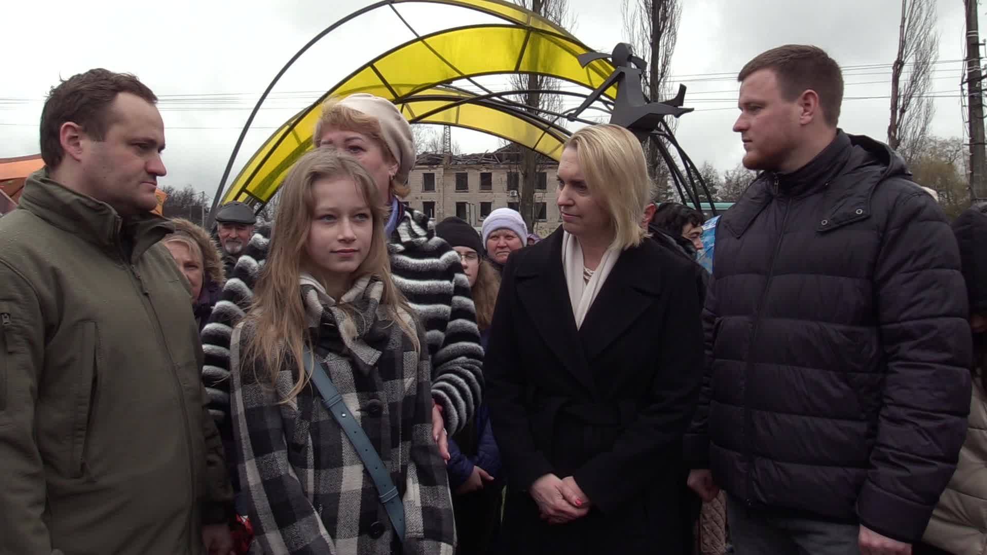 U.S. ambassador to Ukraine Bridget Brink takes part at opening of a sculpture in Borodyanka on the anniversary of the de-occupation of Kyiv region