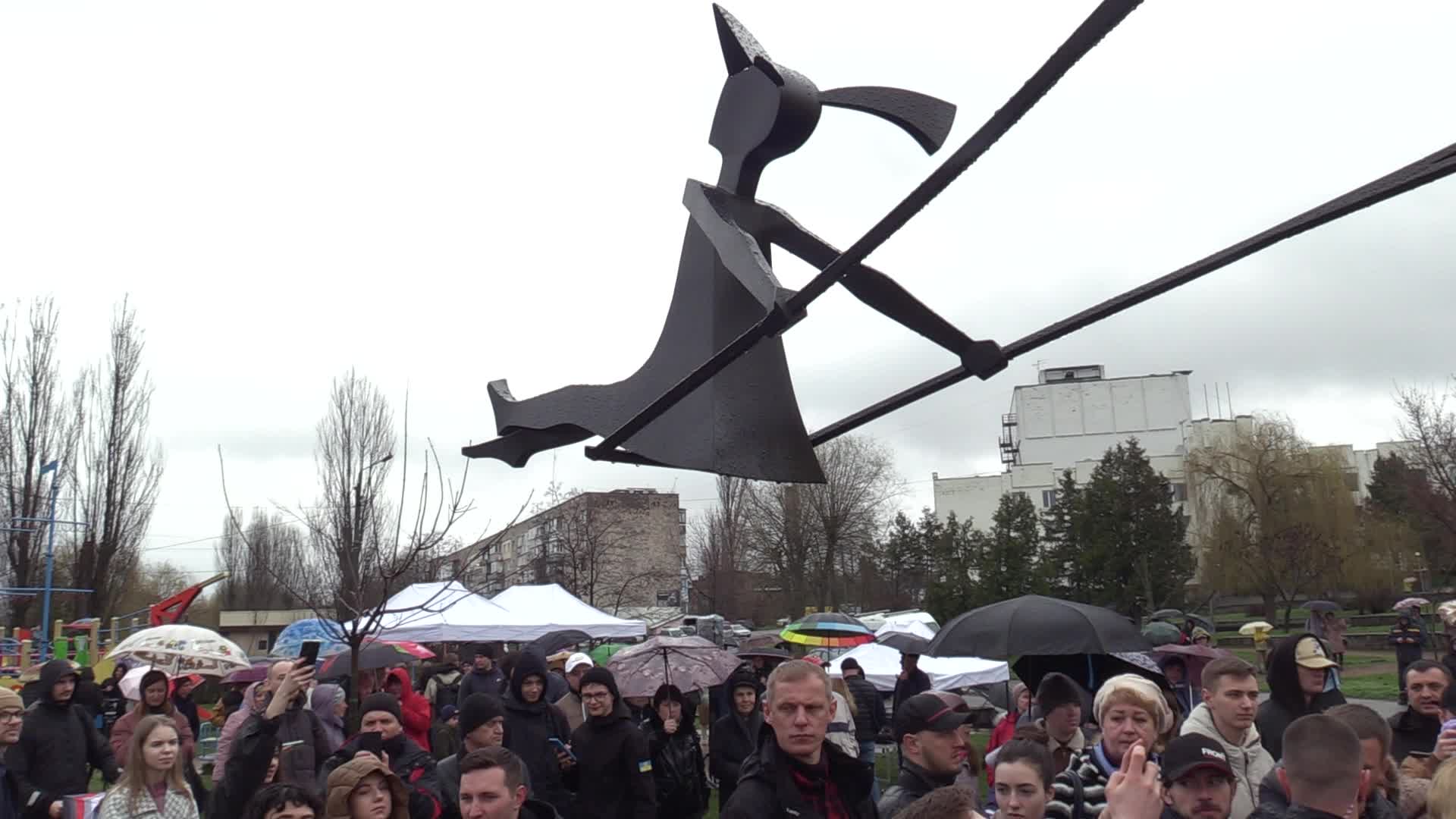 U.S. ambassador to Ukraine Bridget Brink takes part at opening of a sculpture in Borodyanka on the anniversary of the de-occupation of Kyiv region