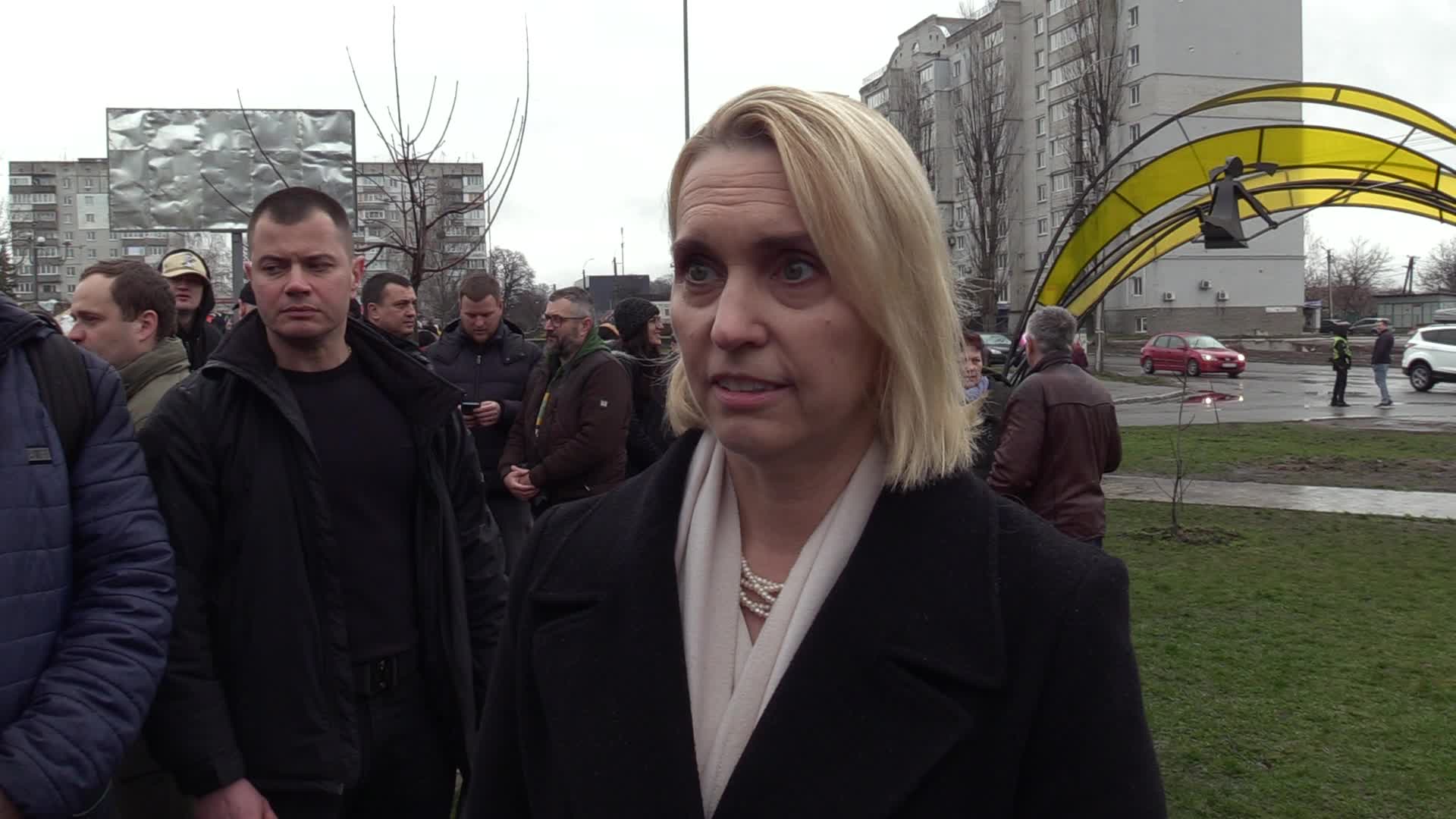 U.S. ambassador to Ukraine Bridget Brink takes part at opening of a sculpture in Borodyanka on the anniversary of the de-occupation of Kyiv region