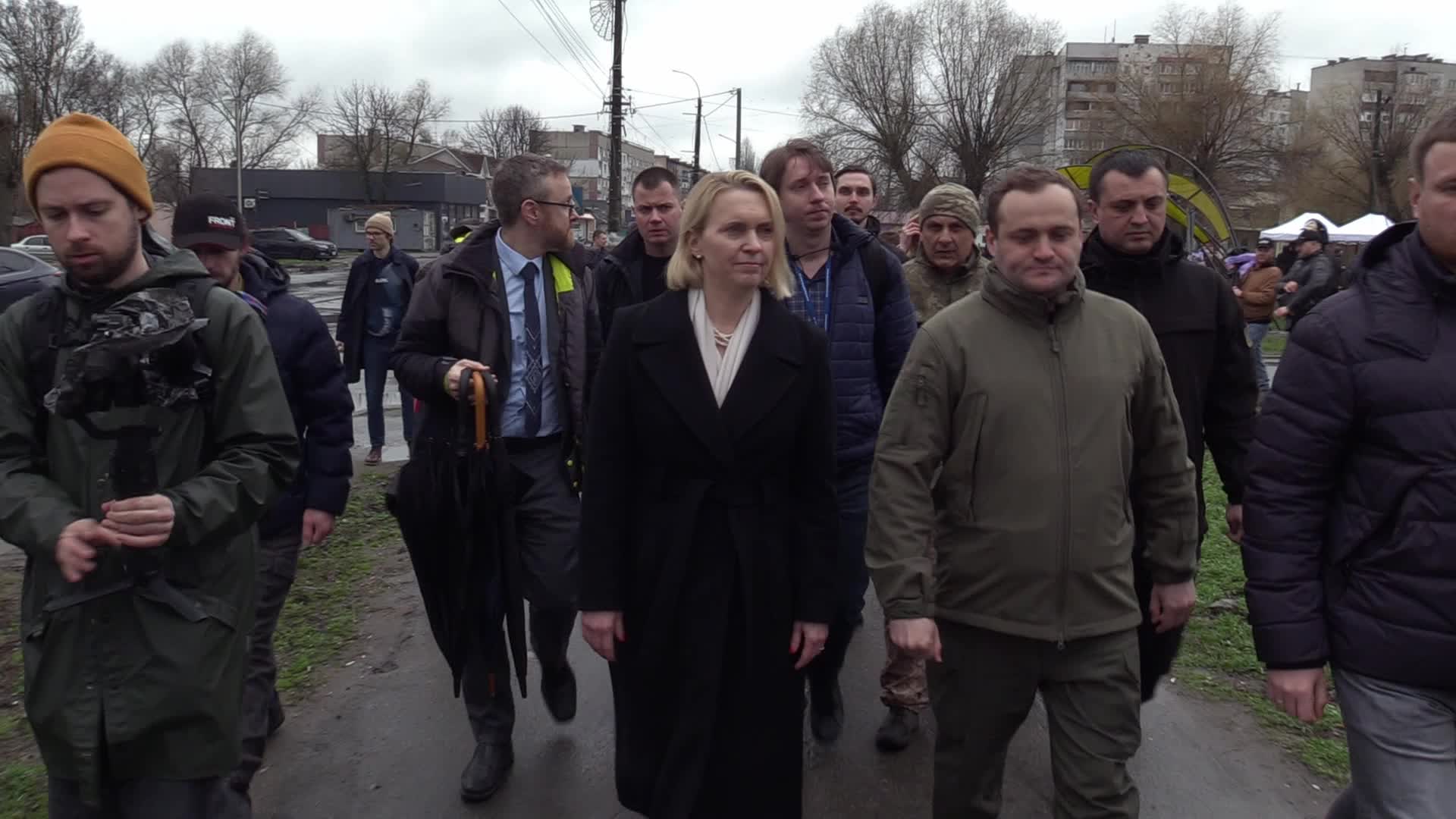 U.S. ambassador to Ukraine Bridget Brink takes part at opening of a sculpture in Borodyanka on the anniversary of the de-occupation of Kyiv region