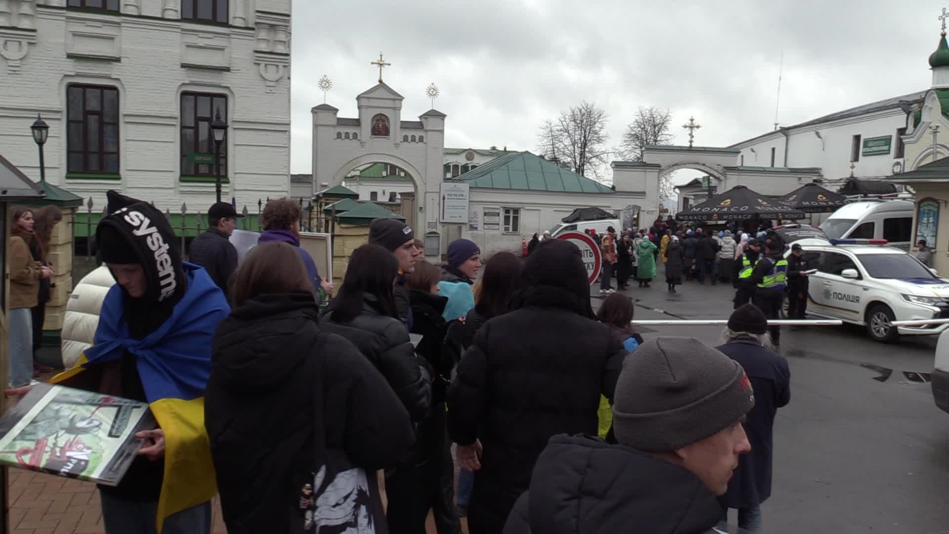 A rally of Ukrainian activists demanding to priests of the Ukrainian Orthodox Church accused of being linked to the Russian Orthodox Church leave the Kyiv Pechersk Lavra in Kyiv.