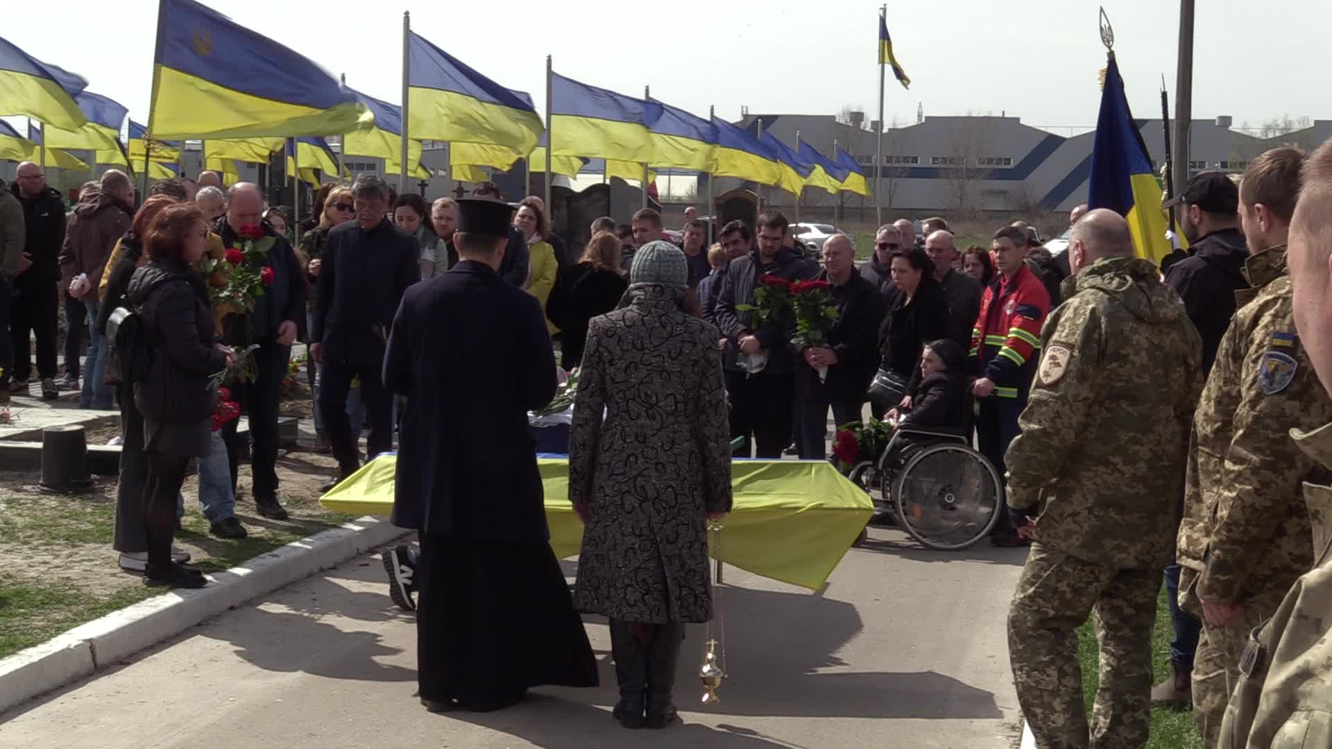 A farewell ceremony for Ukrainian serviceman, musician and conductor of the Kyiv Opera Kostiantyn Starovytskyi in Brovary near Kyiv, Ukraine 