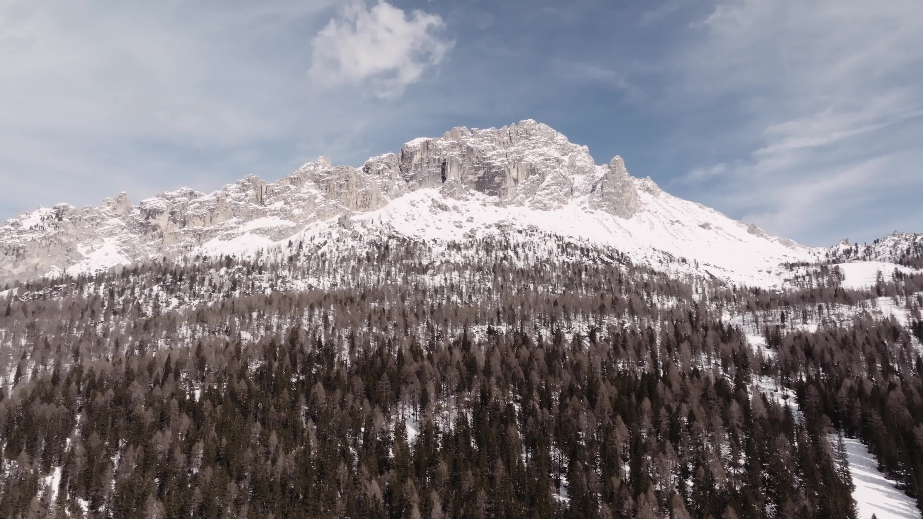 Drone View of Frozen Lake Misurina Covered in Snow