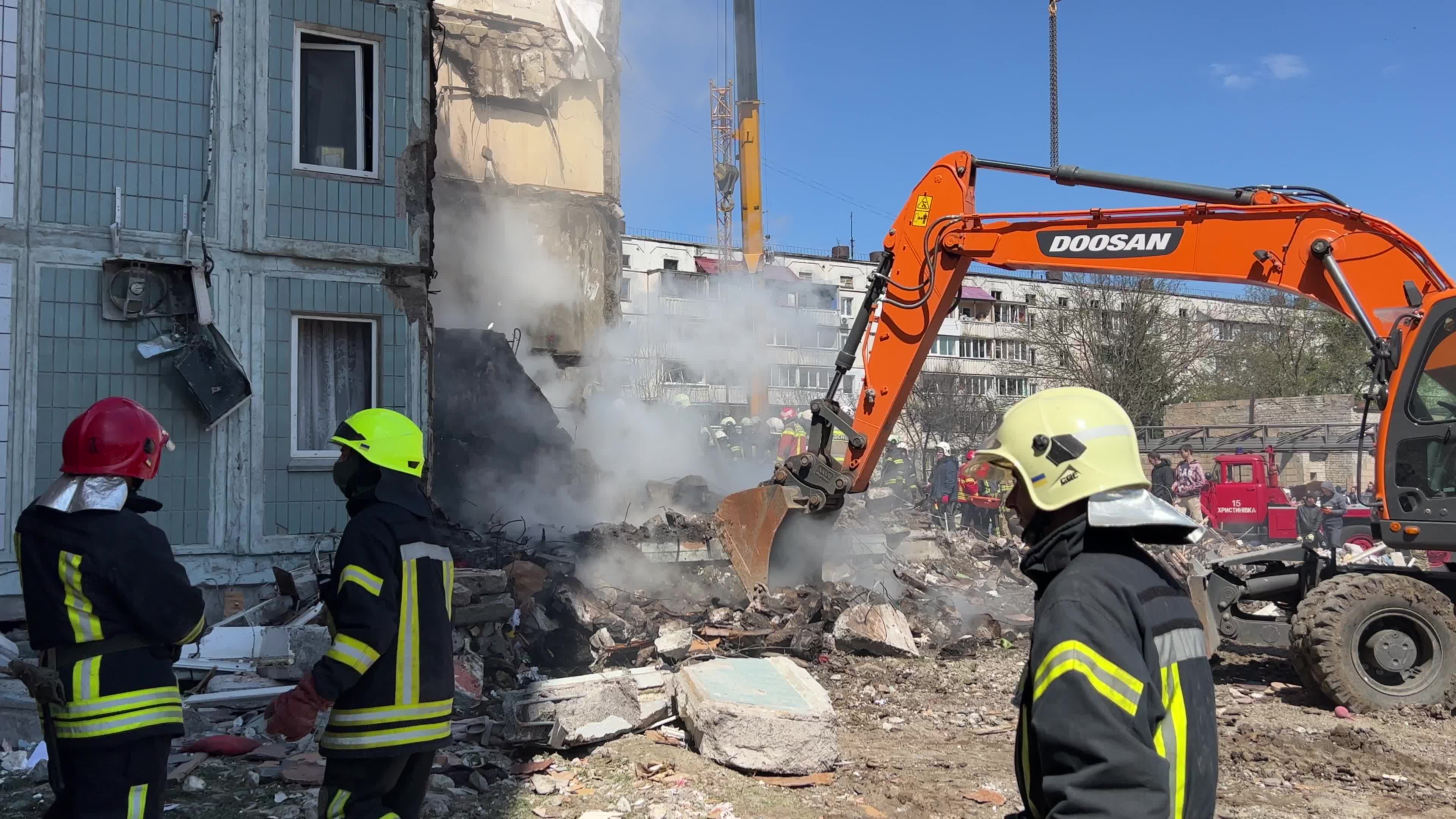 Residential building heavily damaged by a Russian missile, amid Russia's attack on Ukraine, in the town of Uman