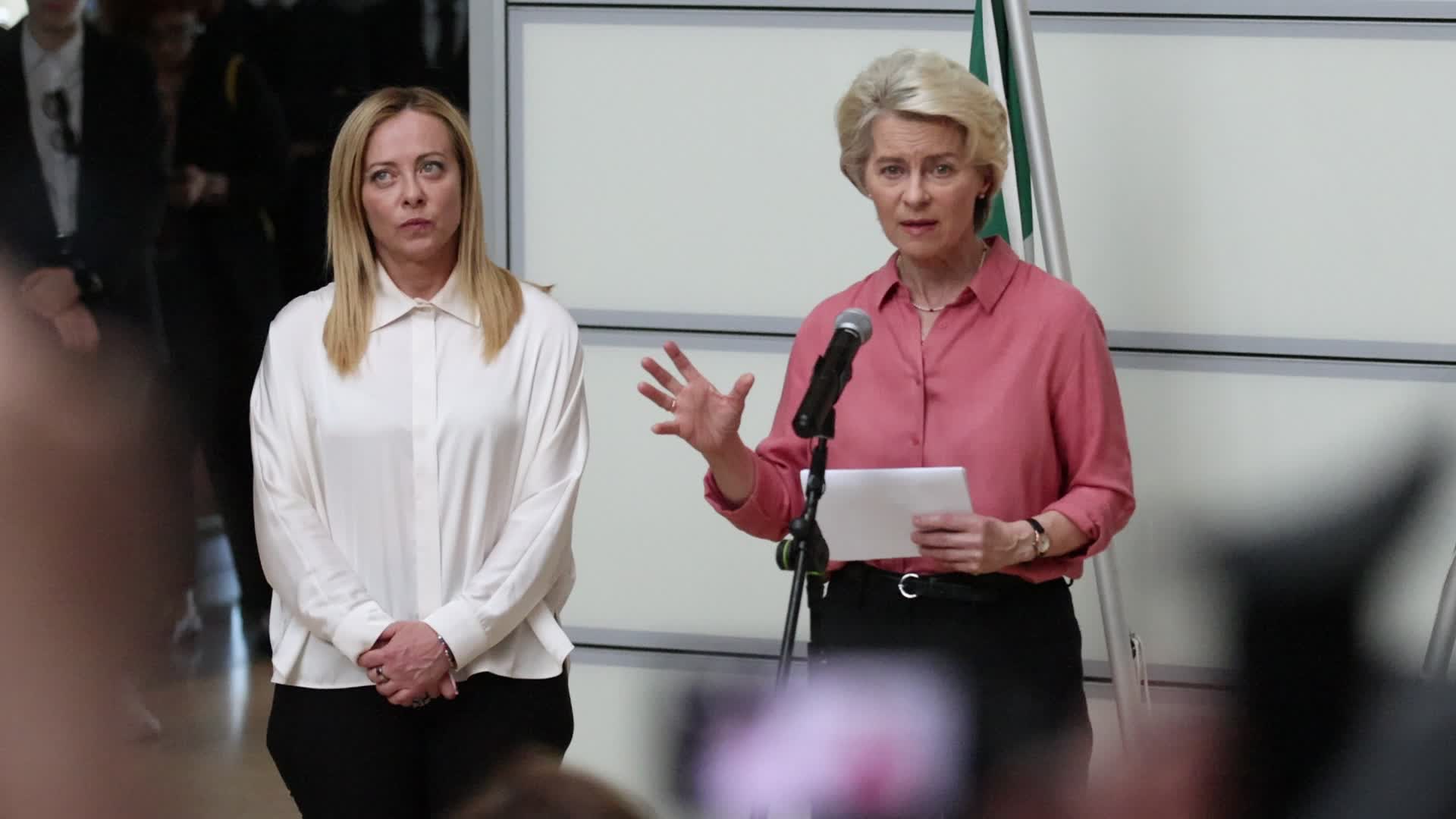 The press conference by Giorgia Meloni and Ursula von der Leyen after the helicopter overflight of the flooded areas in Emilia Romagna at Guglielmo Marconi airport in Bologna
