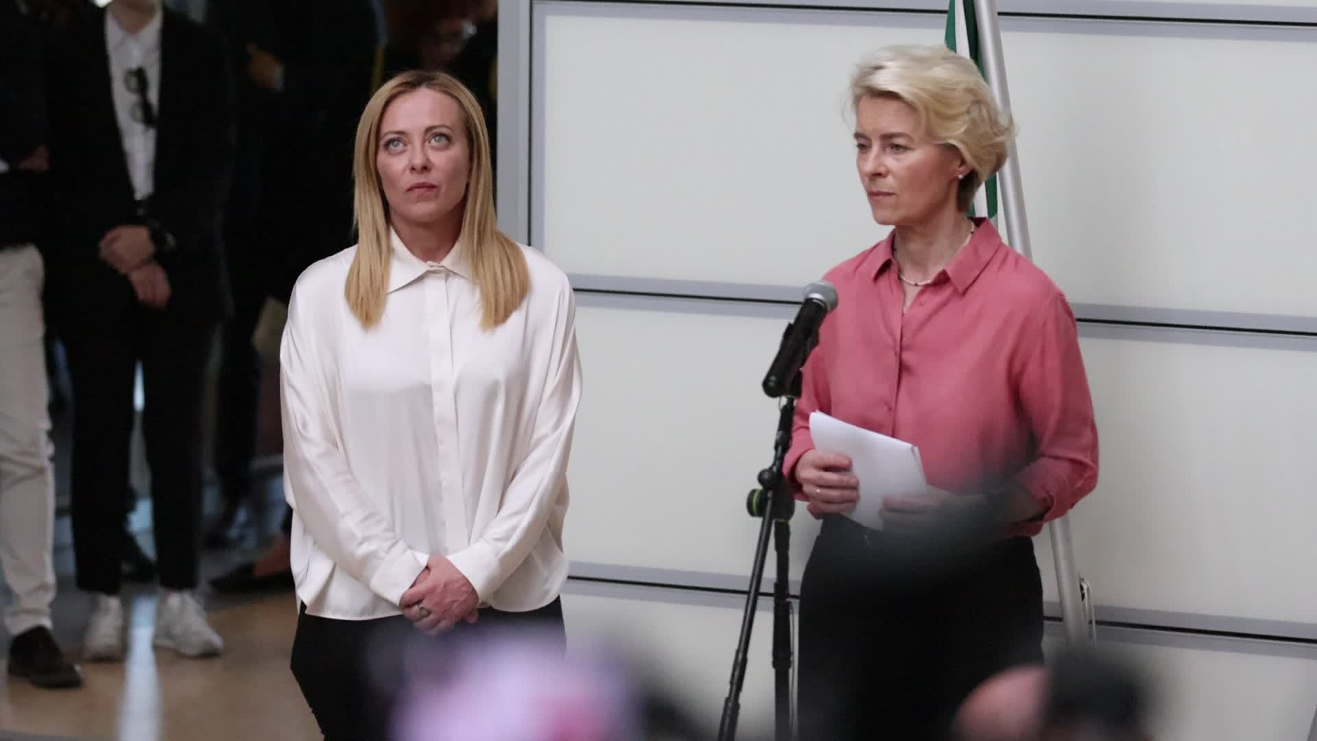 The press conference by Giorgia Meloni and Ursula von der Leyen after the helicopter overflight of the flooded areas in Emilia Romagna at Guglielmo Marconi airport in Bologna