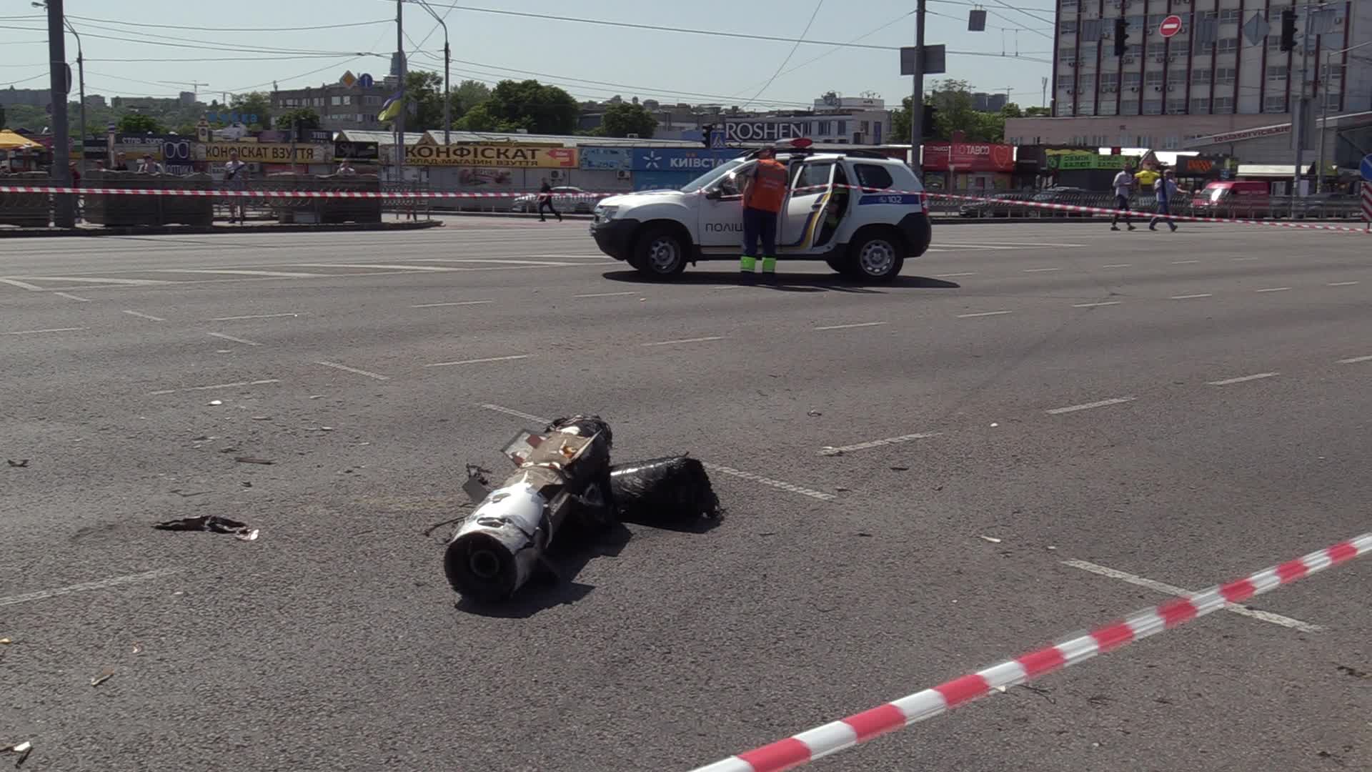 A part of a missile landed on a street after a Russian missile strike in Kyiv