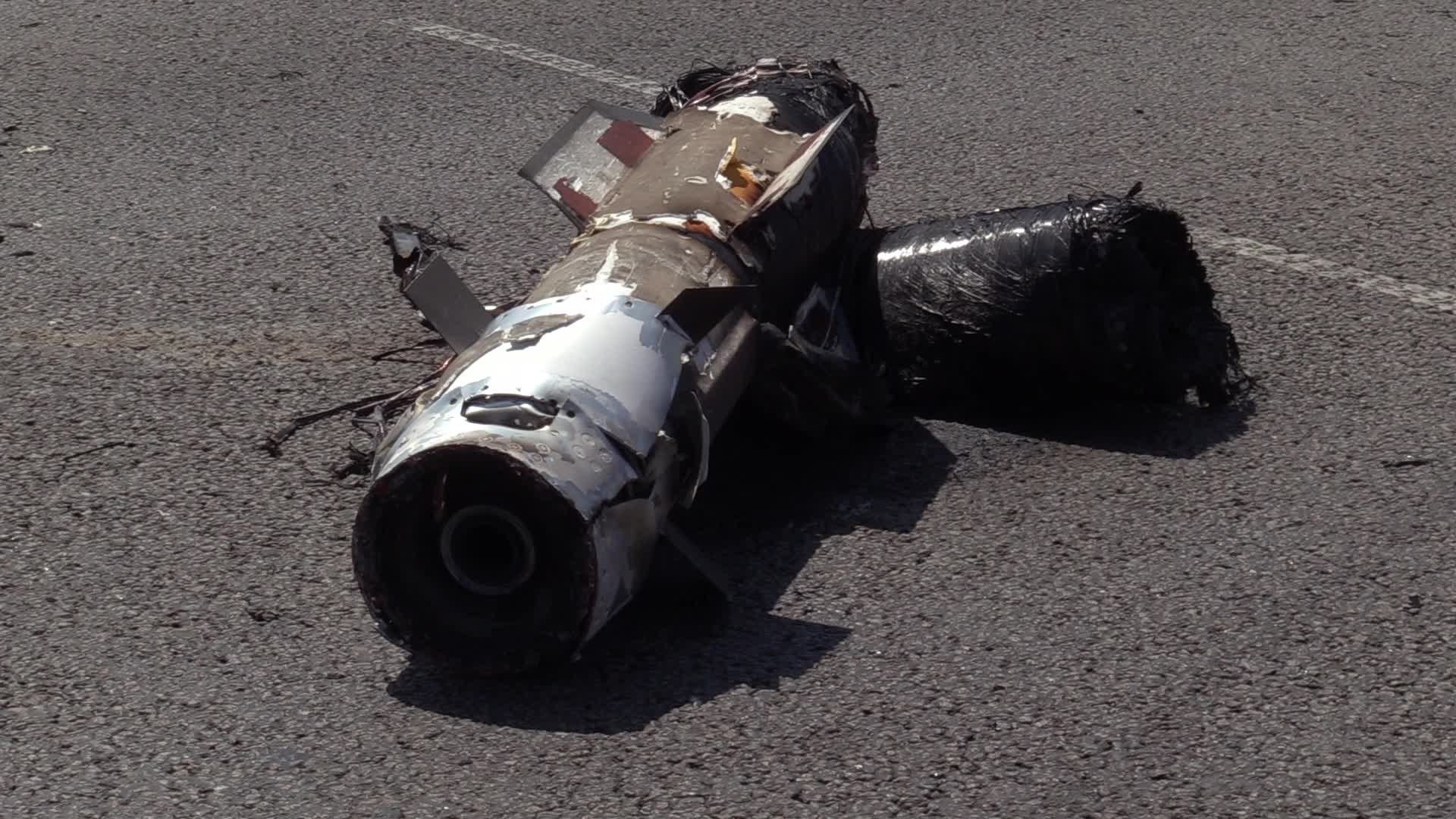 A part of a missile landed on a street after a Russian missile strike in Kyiv