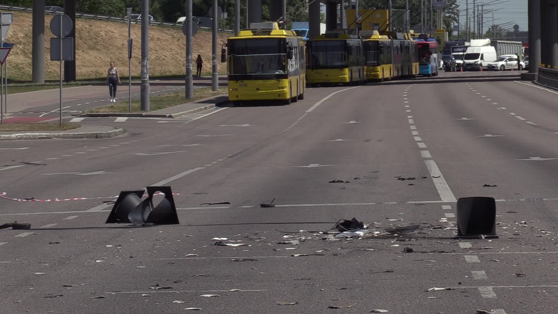 A part of a missile landed on a street after a Russian missile strike in Kyiv
