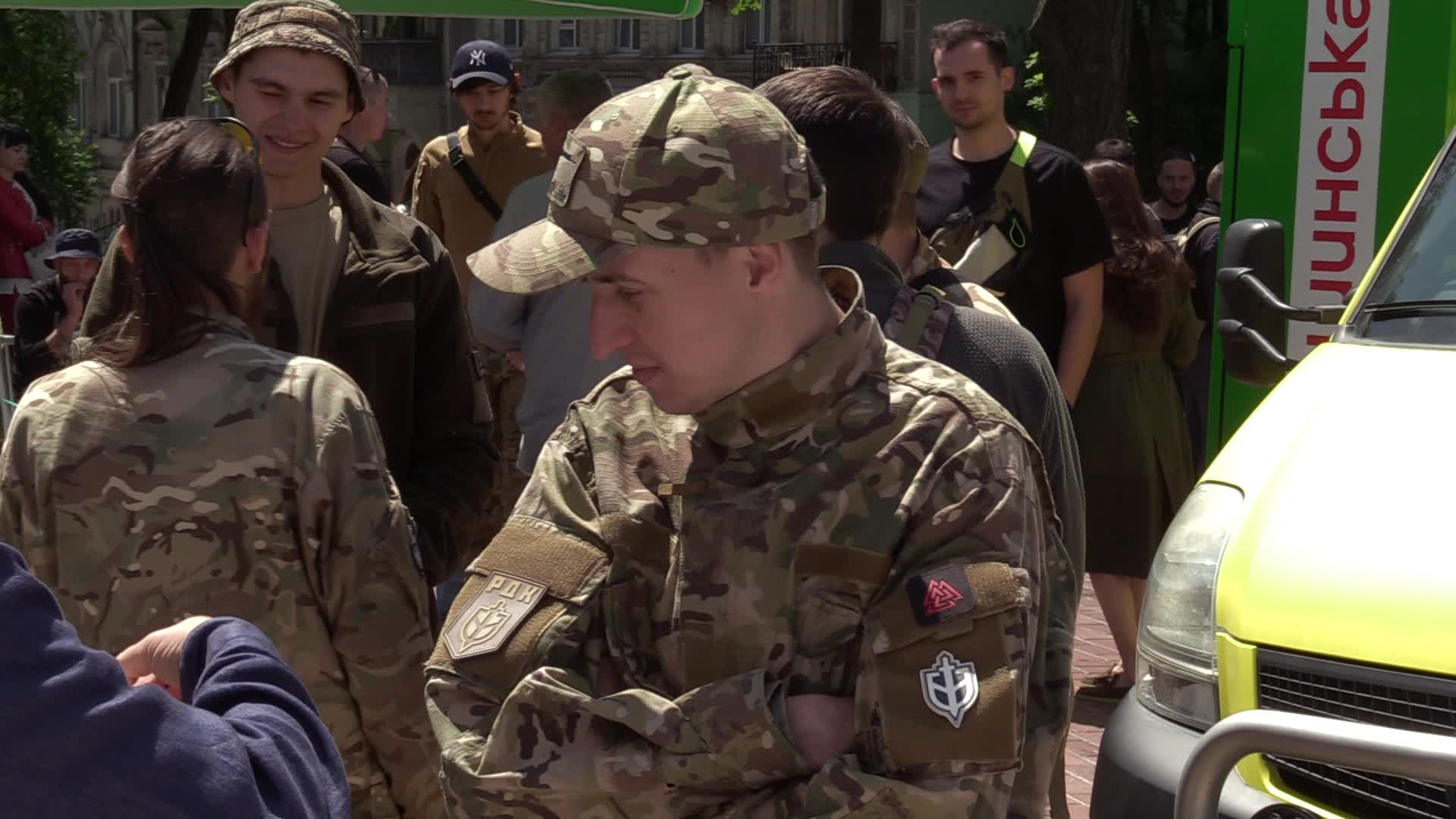 Fighters of Russian Volunteer Corps donate blood for Ukrainian Army in Kyiv, amid Russia's invasion of Ukraine.