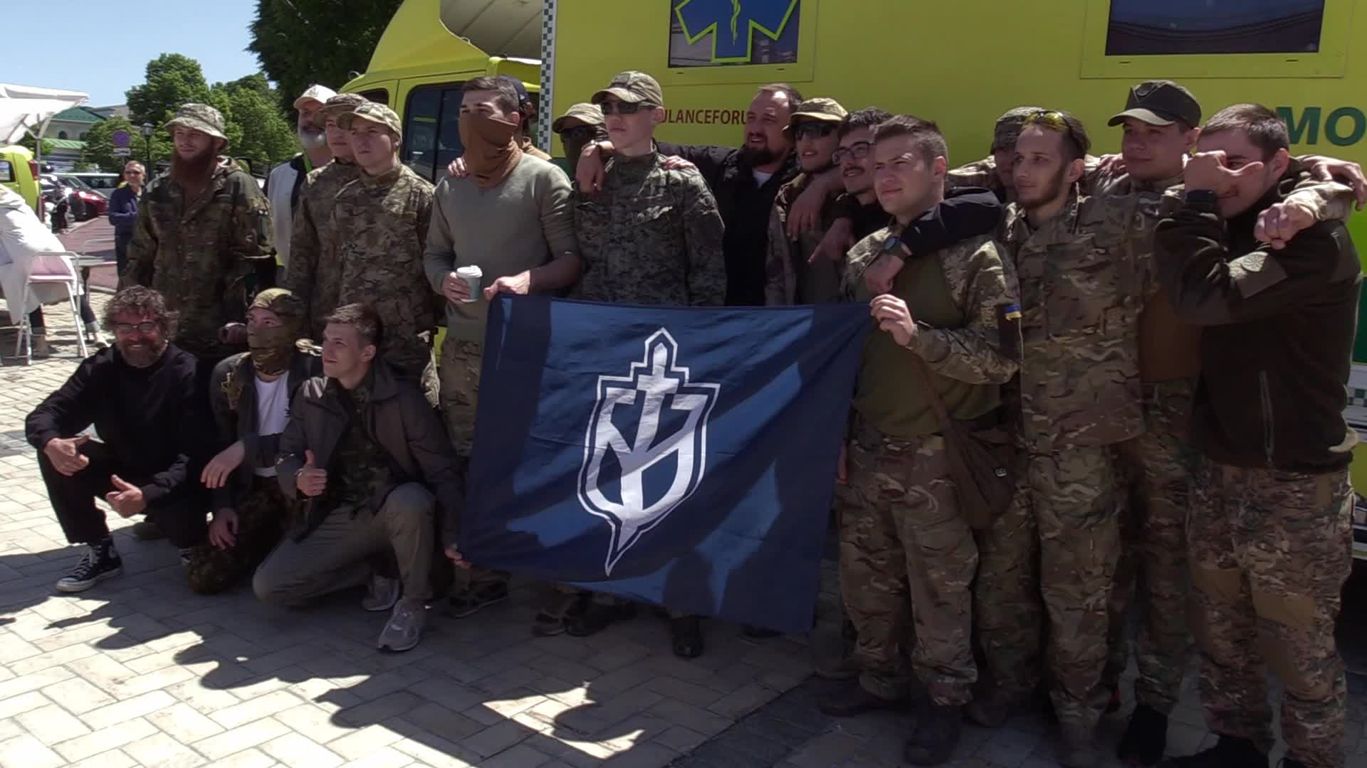 Fighters of Russian Volunteer Corps donate blood for Ukrainian Army in Kyiv, amid Russia's invasion of Ukraine.