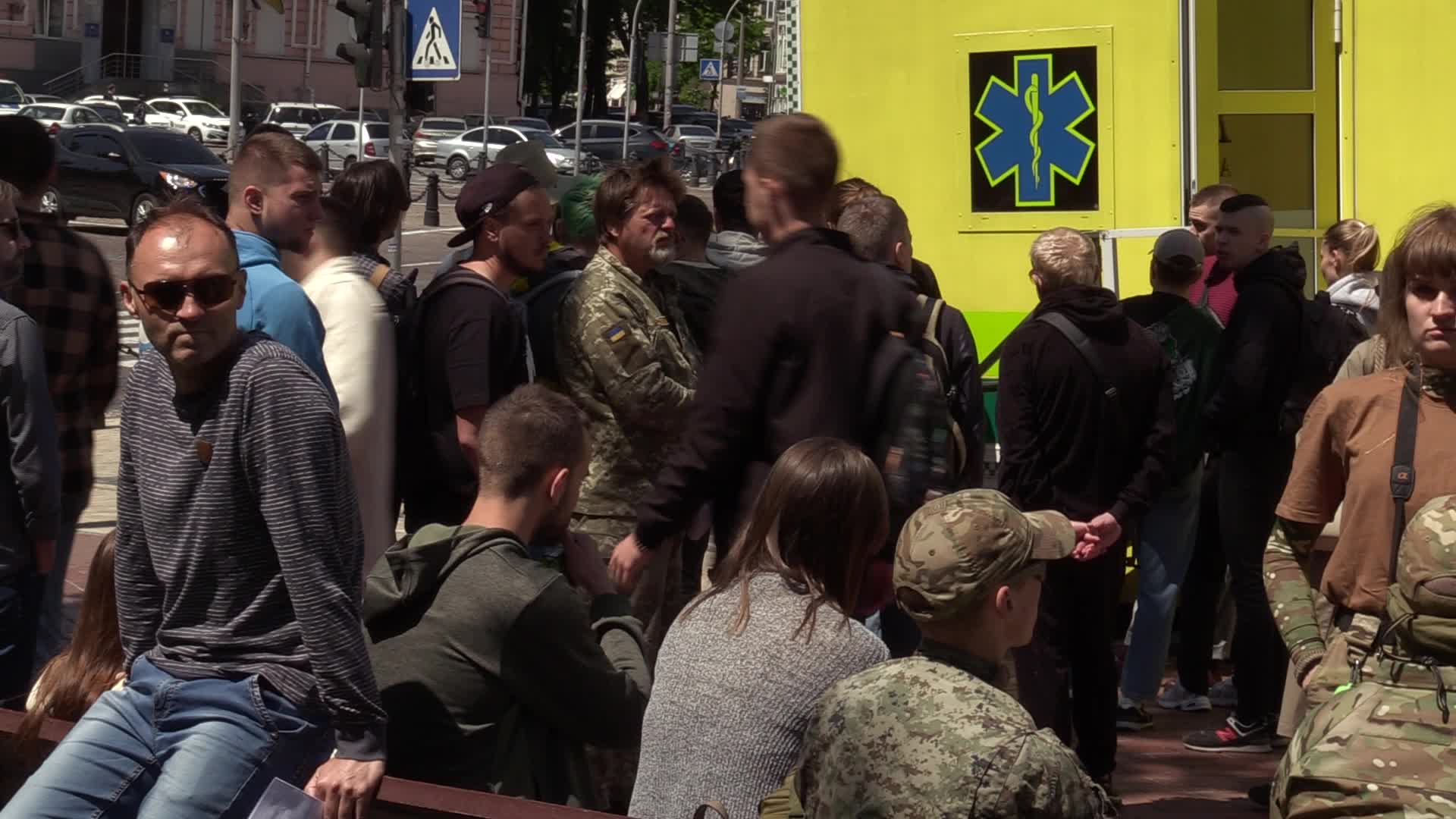 Fighters of Russian Volunteer Corps donate blood for Ukrainian Army in Kyiv, amid Russia's invasion of Ukraine.