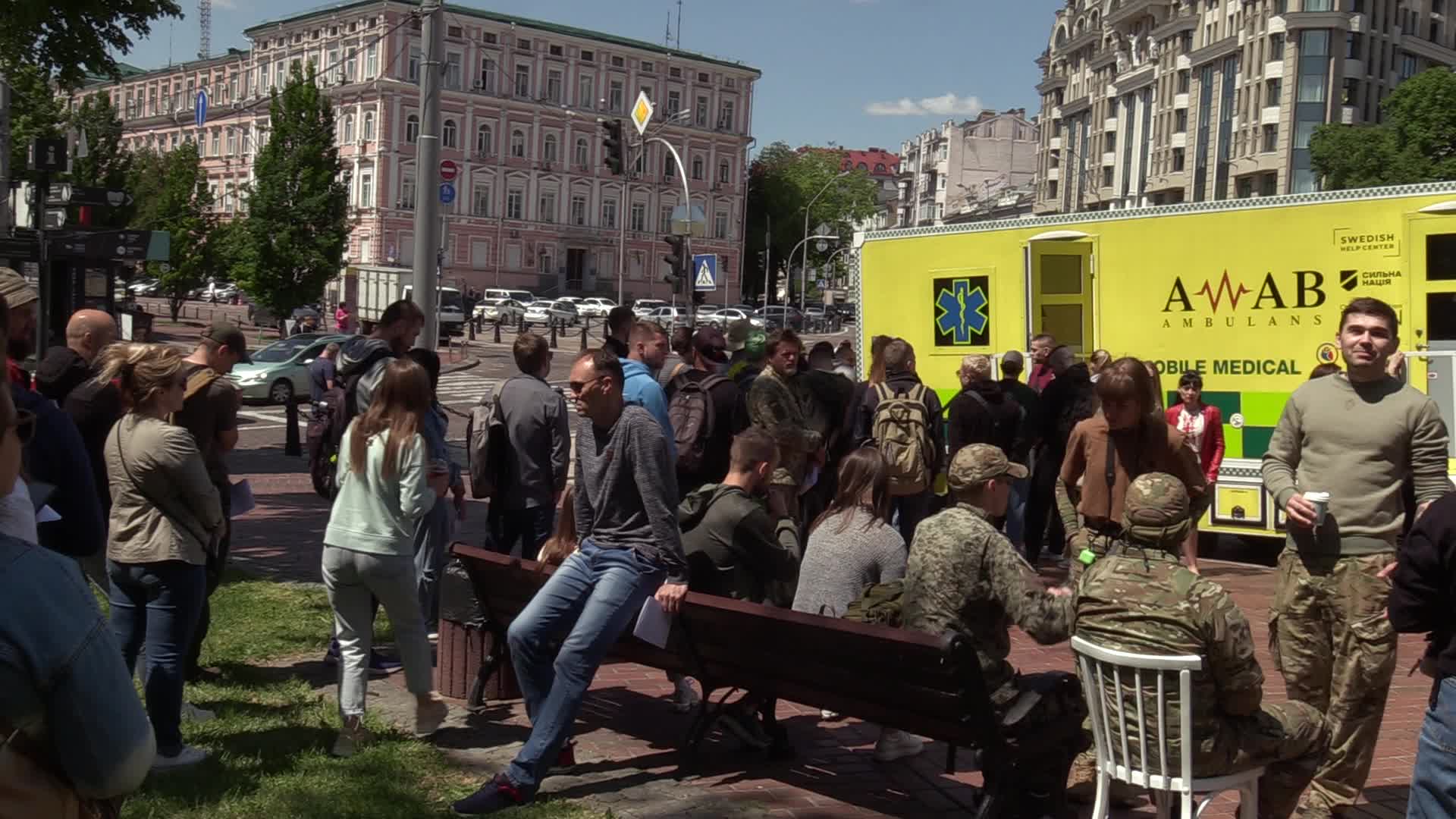 Fighters of Russian Volunteer Corps donate blood for Ukrainian Army in Kyiv, amid Russia's invasion of Ukraine.