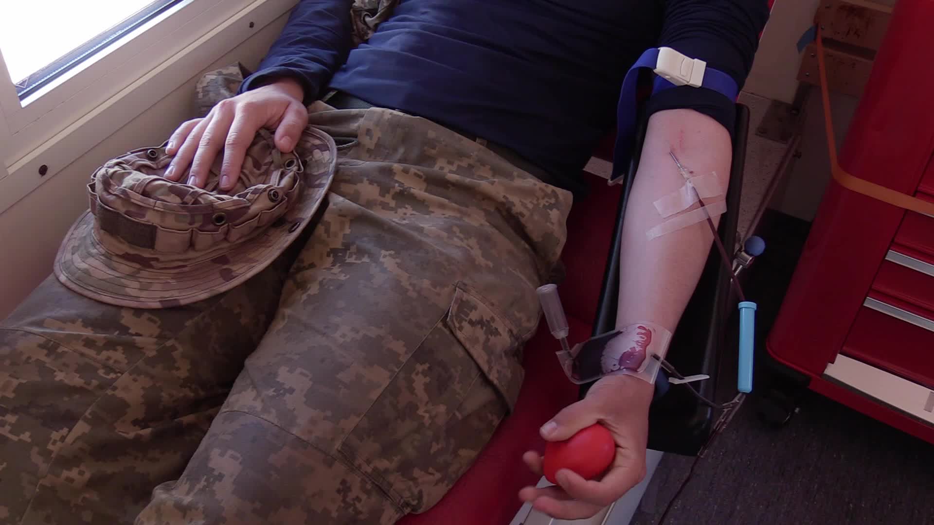 Fighters of Russian Volunteer Corps donate blood for Ukrainian Army in Kyiv, amid Russia's invasion of Ukraine.