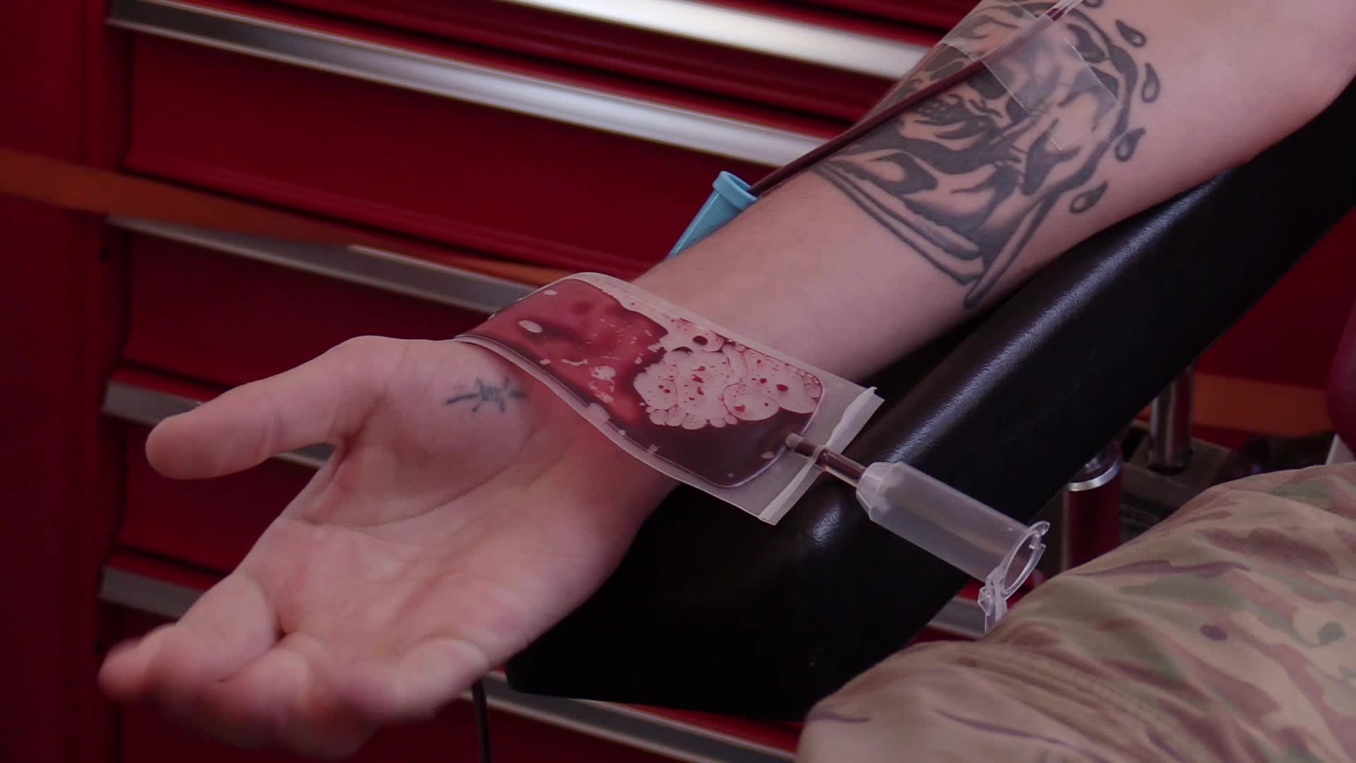 Fighters of Russian Volunteer Corps donate blood for Ukrainian Army in Kyiv, amid Russia's invasion of Ukraine.