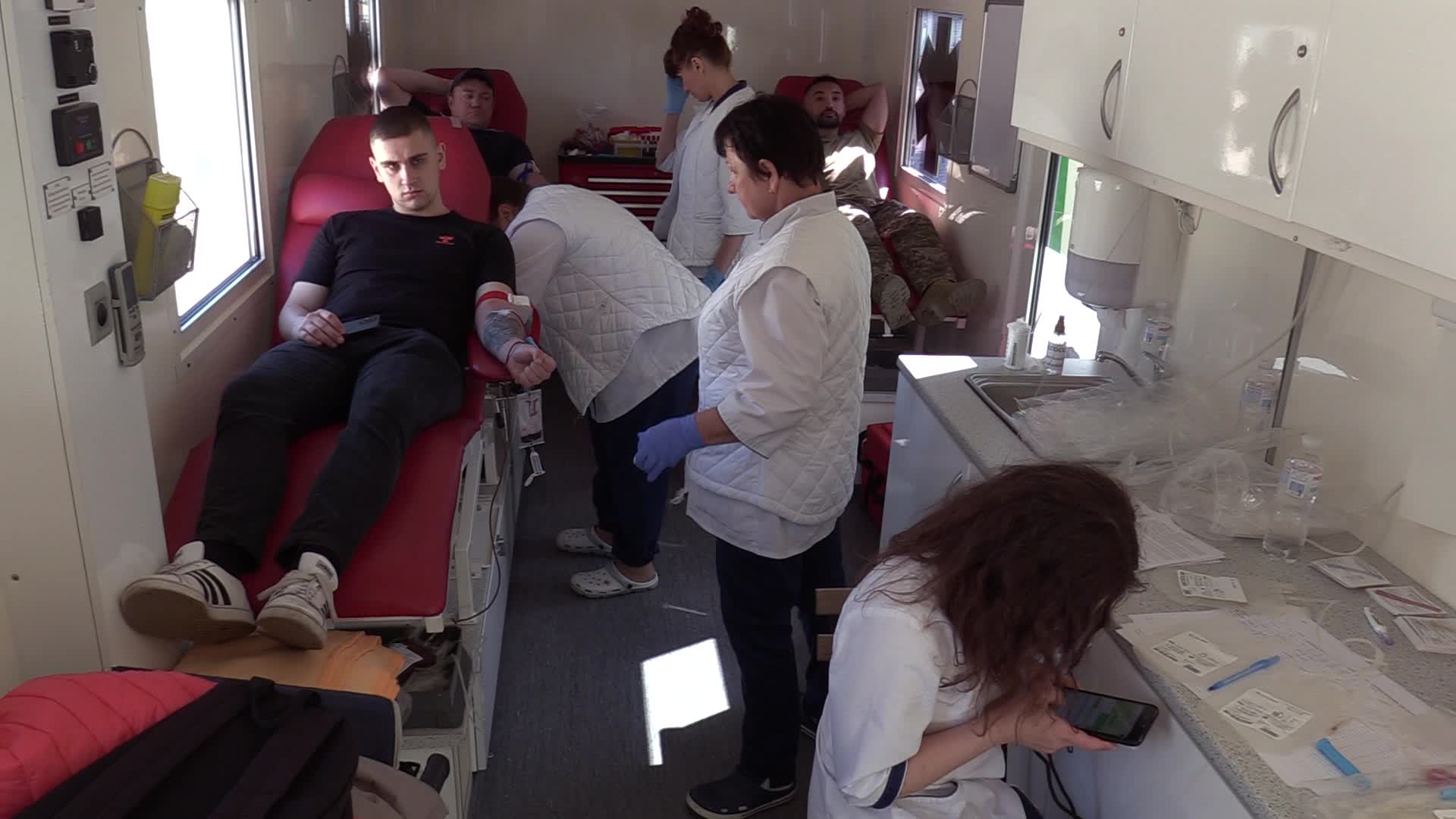 Fighters of Russian Volunteer Corps donate blood for Ukrainian Army in Kyiv, amid Russia's invasion of Ukraine.