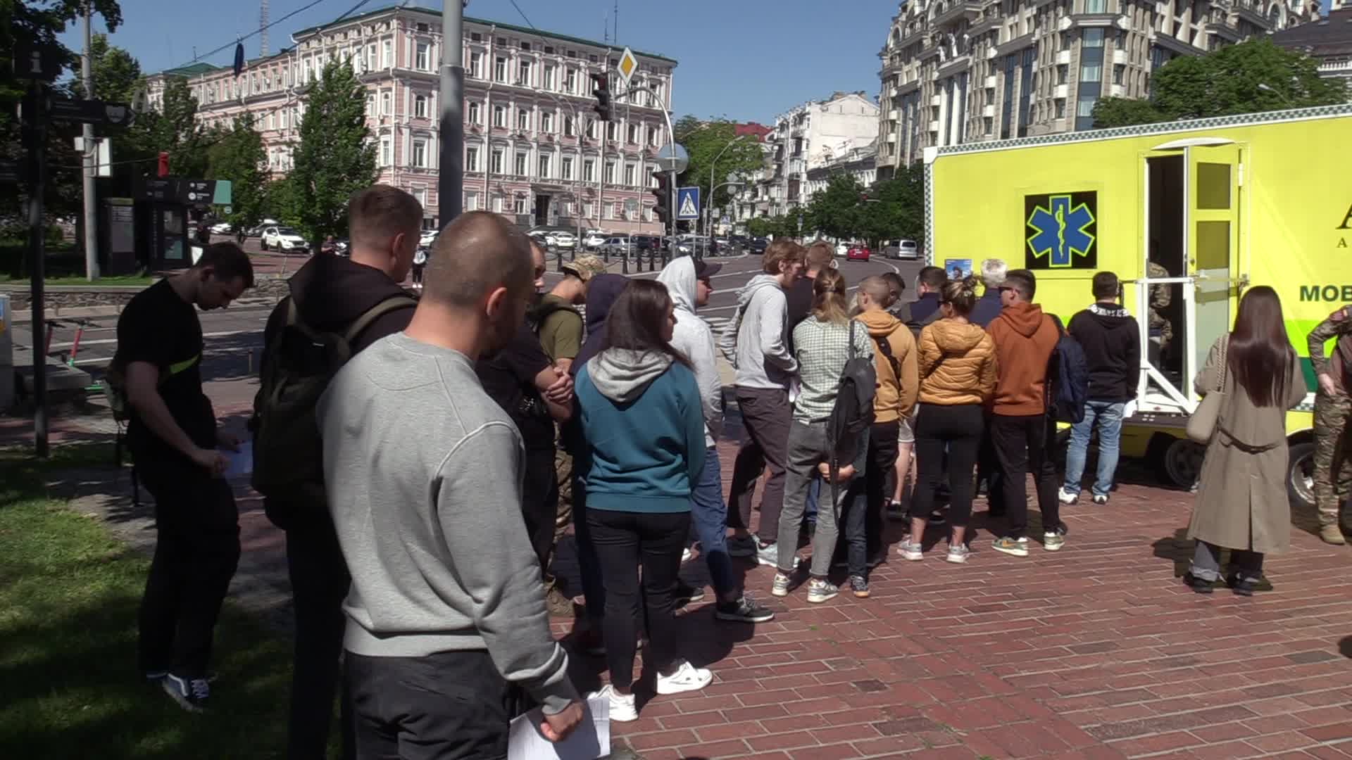 Fighters of Russian Volunteer Corps donate blood for Ukrainian Army in Kyiv, amid Russia's invasion of Ukraine.