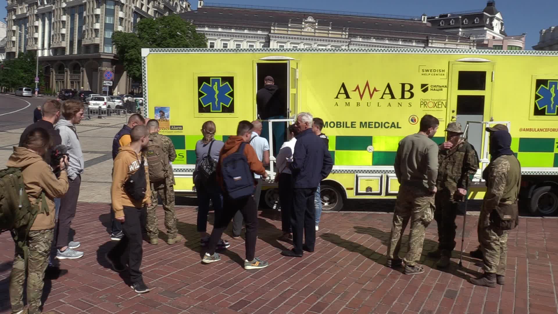 Fighters of Russian Volunteer Corps donate blood for Ukrainian Army in Kyiv, amid Russia's invasion of Ukraine.
