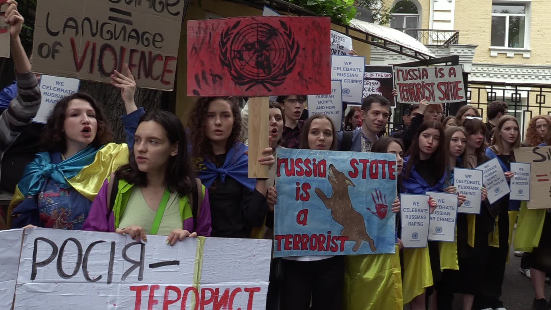 A rally in front of the United Nations mission in Kyiv, amid Russia's invasion of Ukraine.