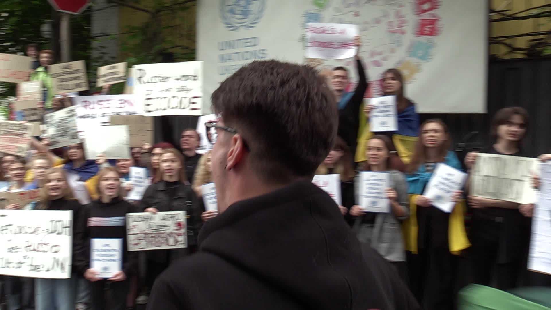 A rally in front of the United Nations mission in Kyiv, amid Russia's invasion of Ukraine.