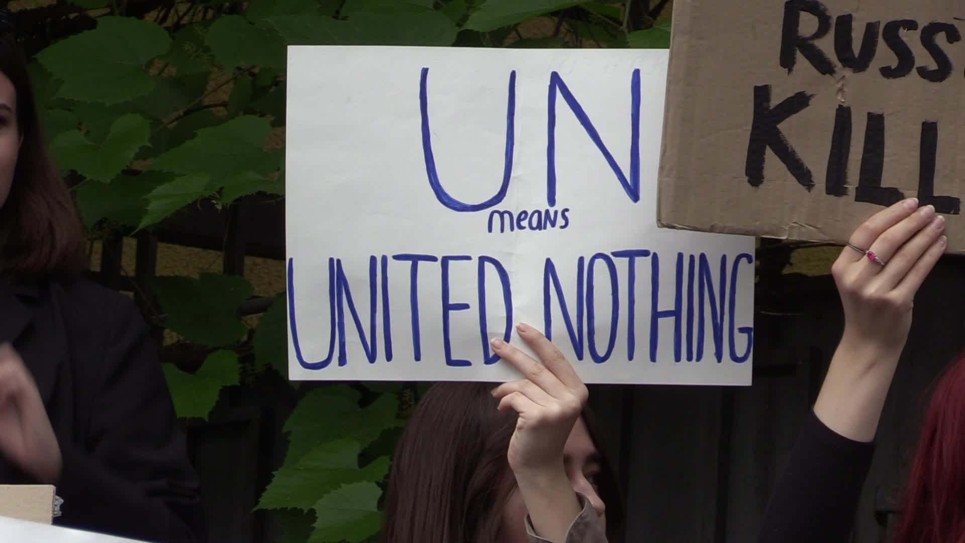 A rally in front of the United Nations mission in Kyiv, amid Russia's invasion of Ukraine.