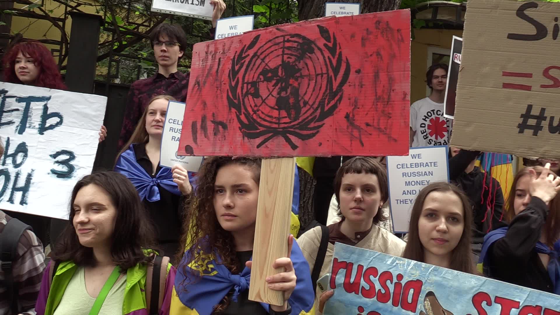 A rally in front of the United Nations mission in Kyiv, amid Russia's invasion of Ukraine.