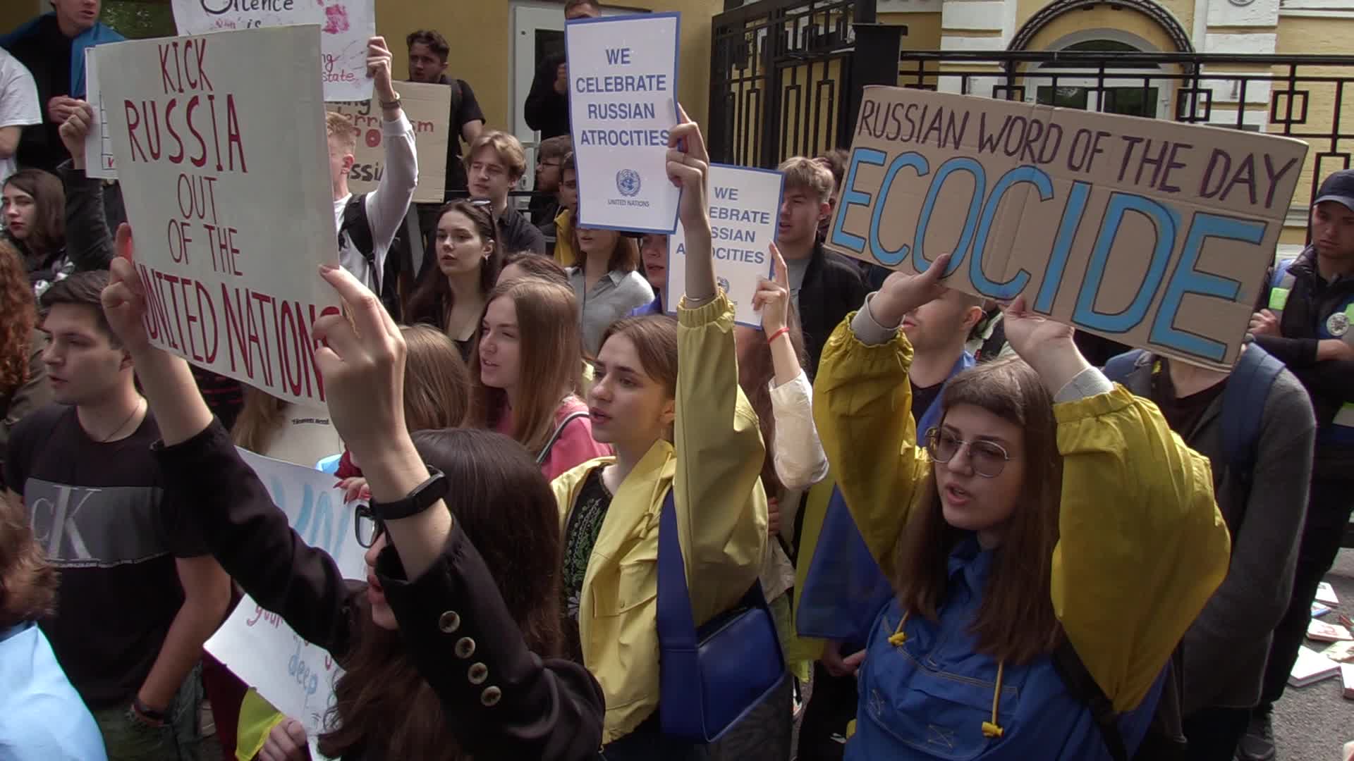 A rally in front of the United Nations mission in Kyiv, amid Russia's invasion of Ukraine.