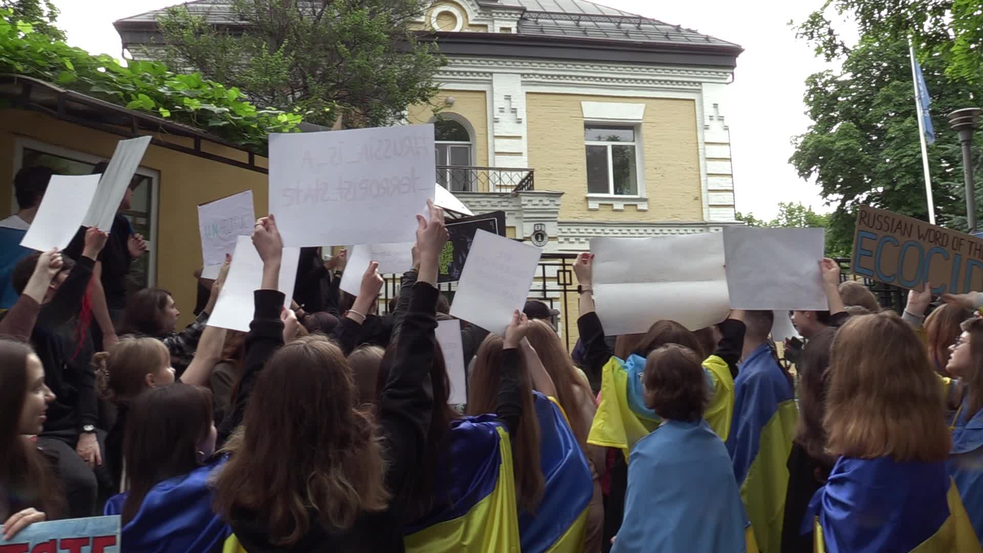 A rally in front of the United Nations mission in Kyiv, amid Russia's invasion of Ukraine.