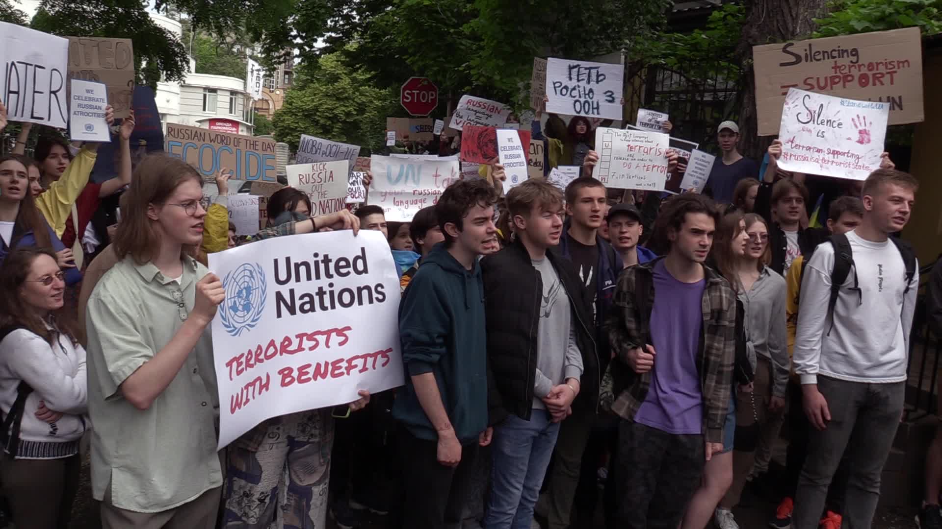 A rally in front of the United Nations mission in Kyiv, amid Russia's invasion of Ukraine.