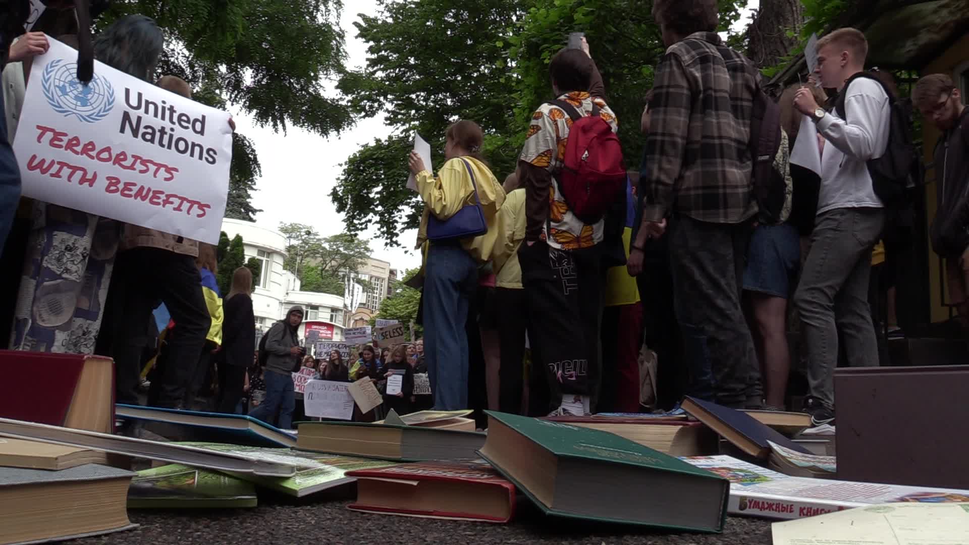 A rally in front of the United Nations mission in Kyiv, amid Russia's invasion of Ukraine.